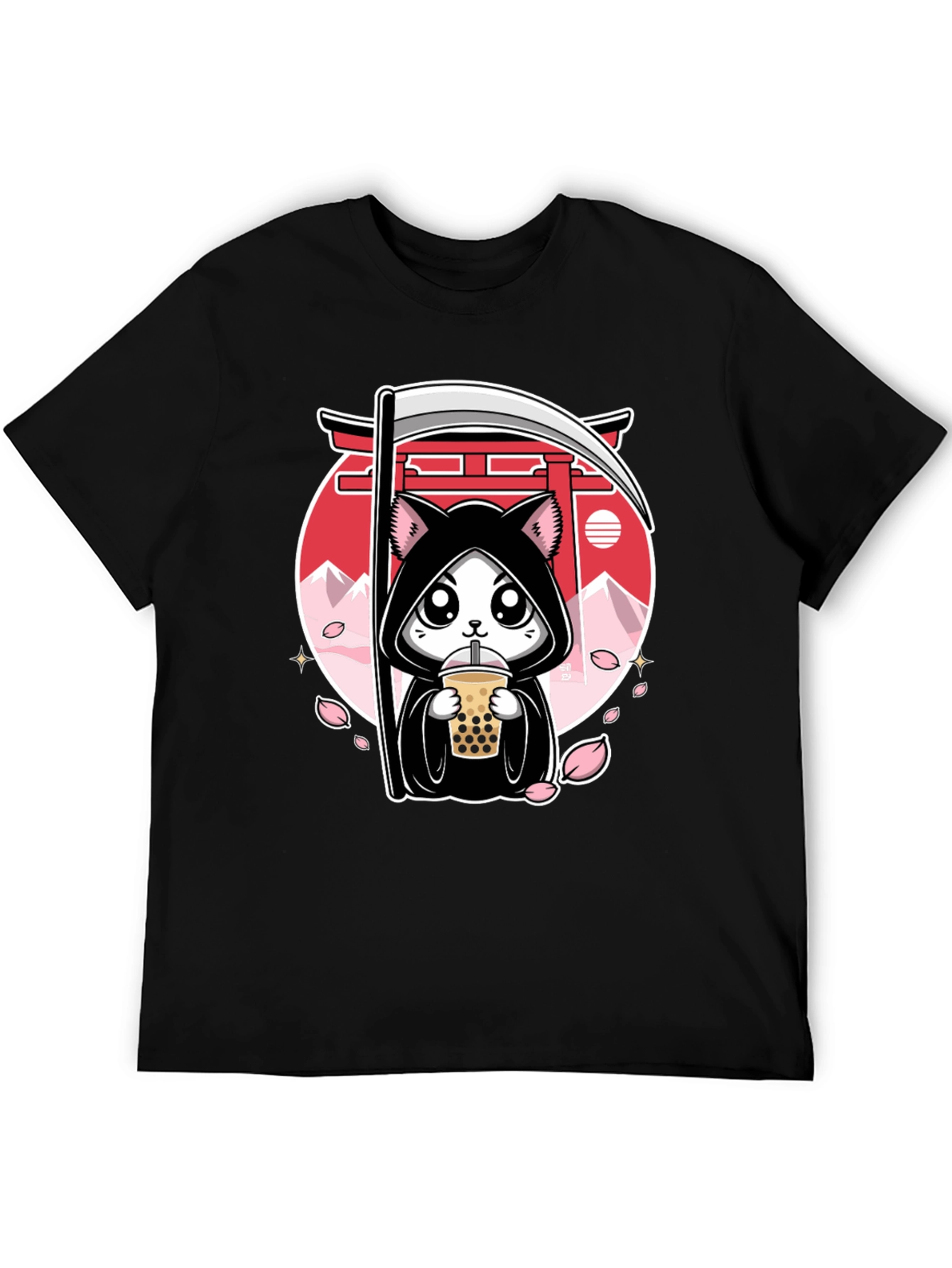 Kawaii Grim Reaper Cat Boba Tea Graphic Tee
