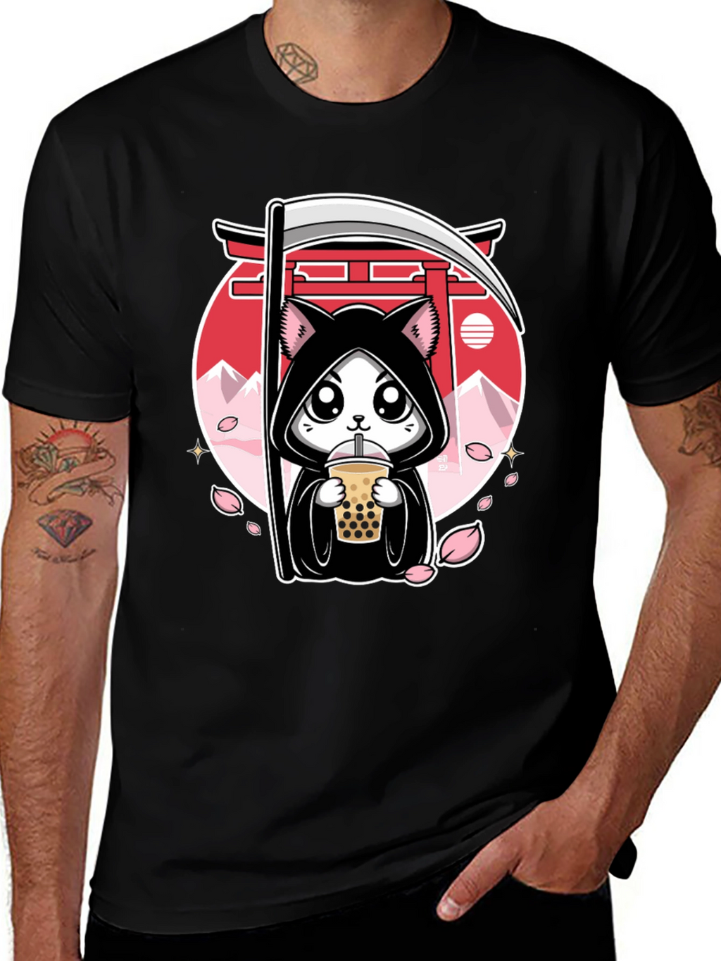 Kawaii Grim Reaper Cat Boba Tea Graphic Tee