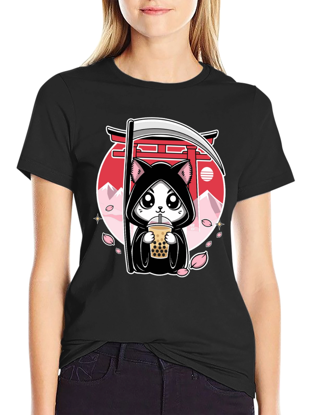 Kawaii Grim Reaper Cat Boba Tea Graphic Tee