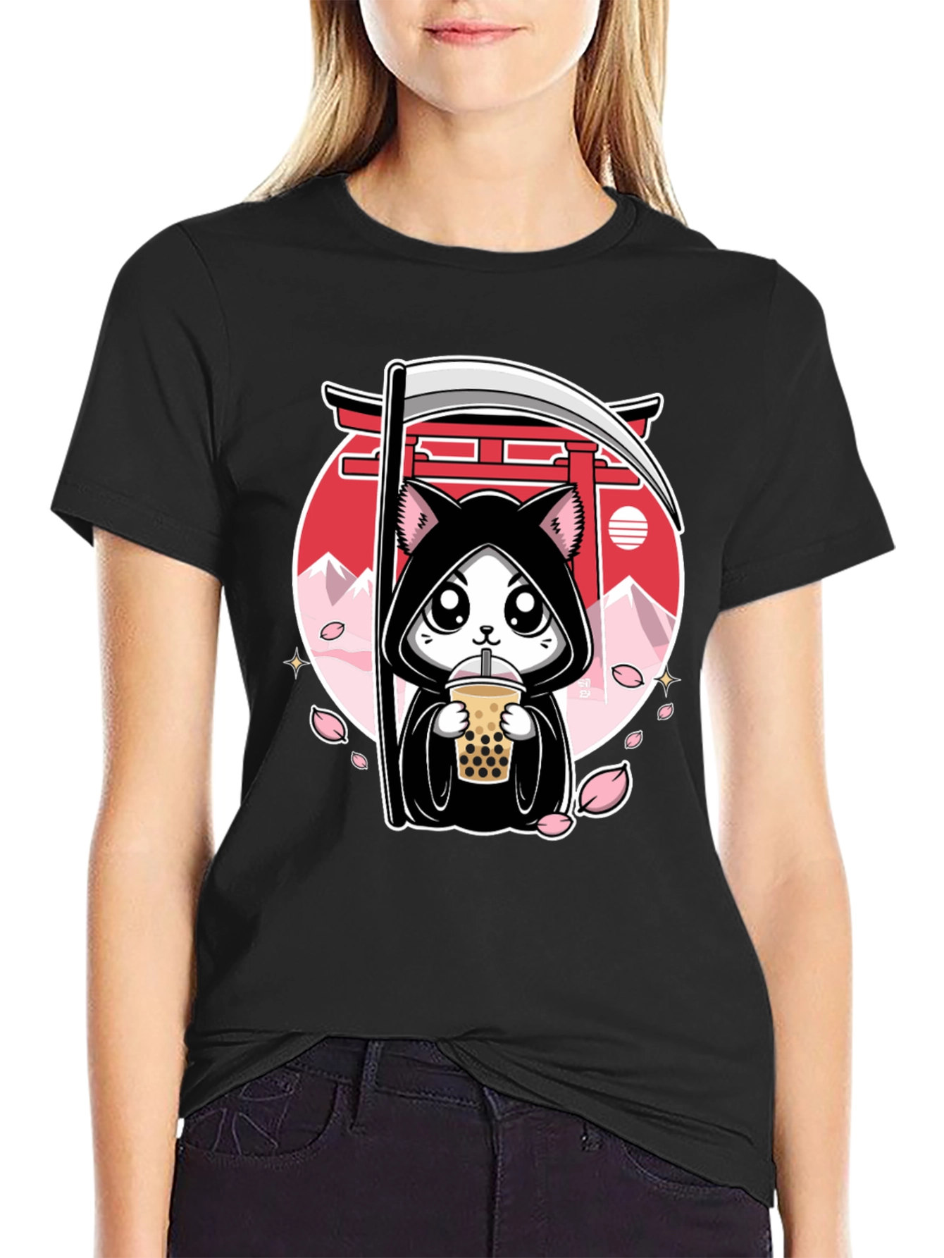 Kawaii Grim Reaper Cat Boba Tea Graphic Tee