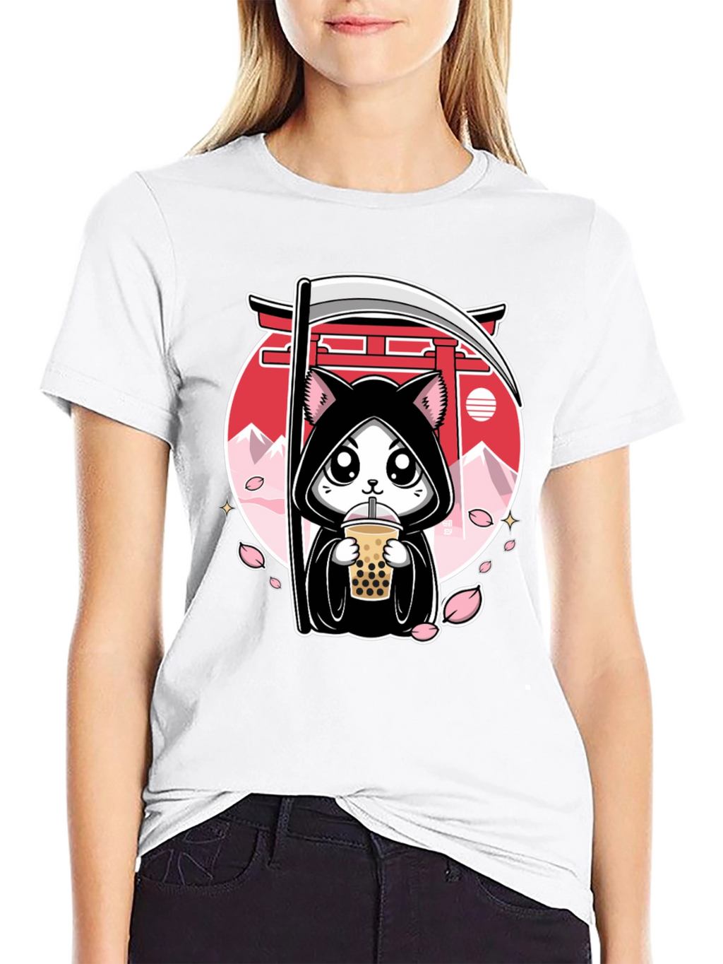 Kawaii Grim Reaper Cat Boba Tea Graphic Tee