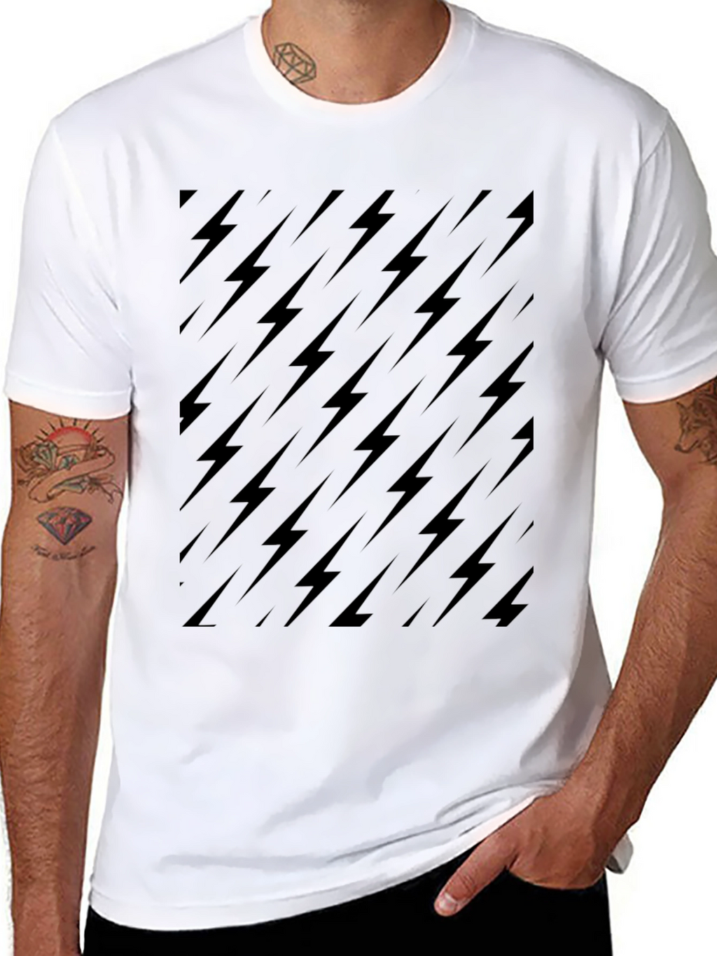 Black Lightning Bolt Pattern Crew Neck T-Shirt
