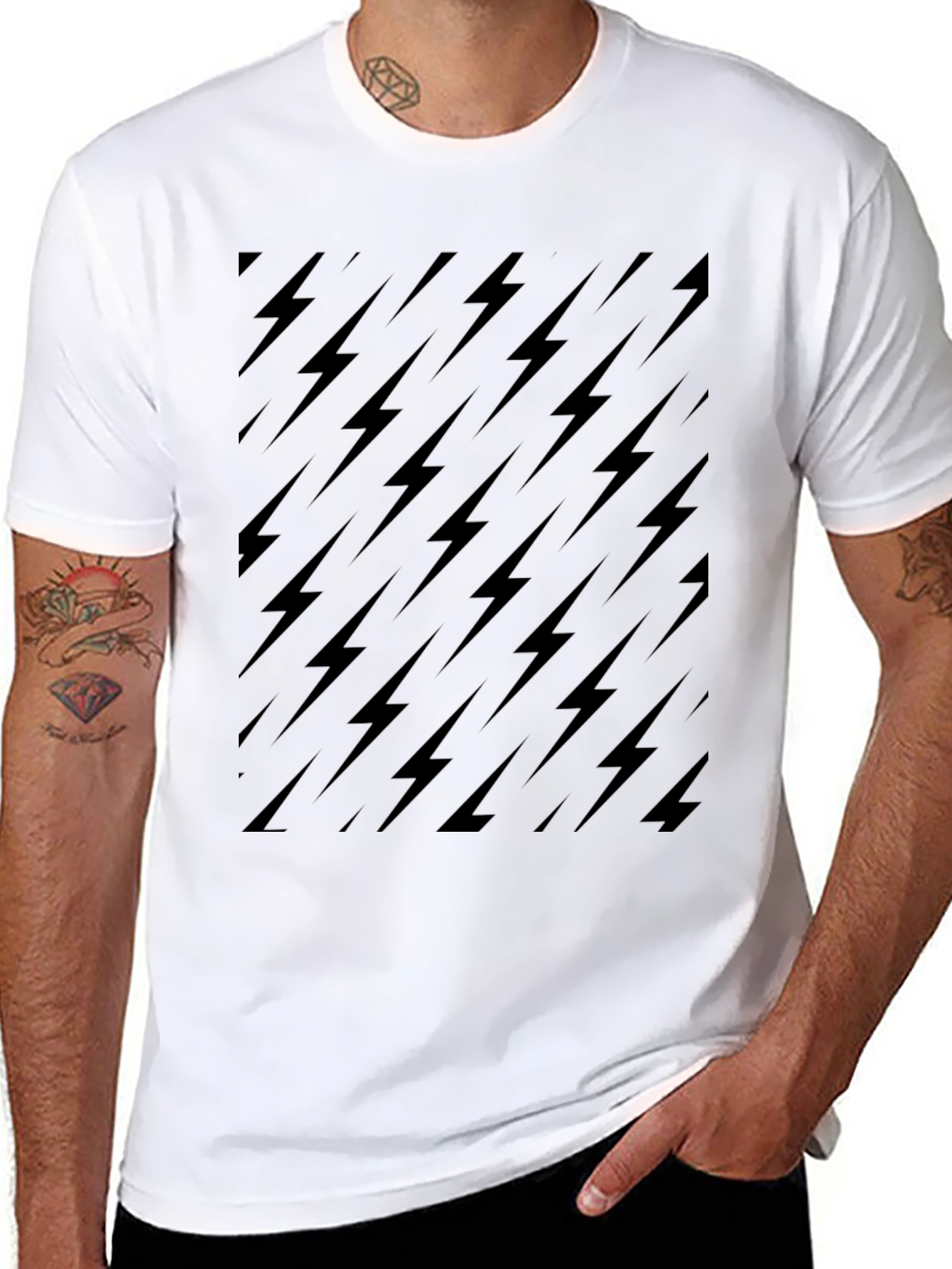 Black Lightning Bolt Pattern Crew Neck T-Shirt