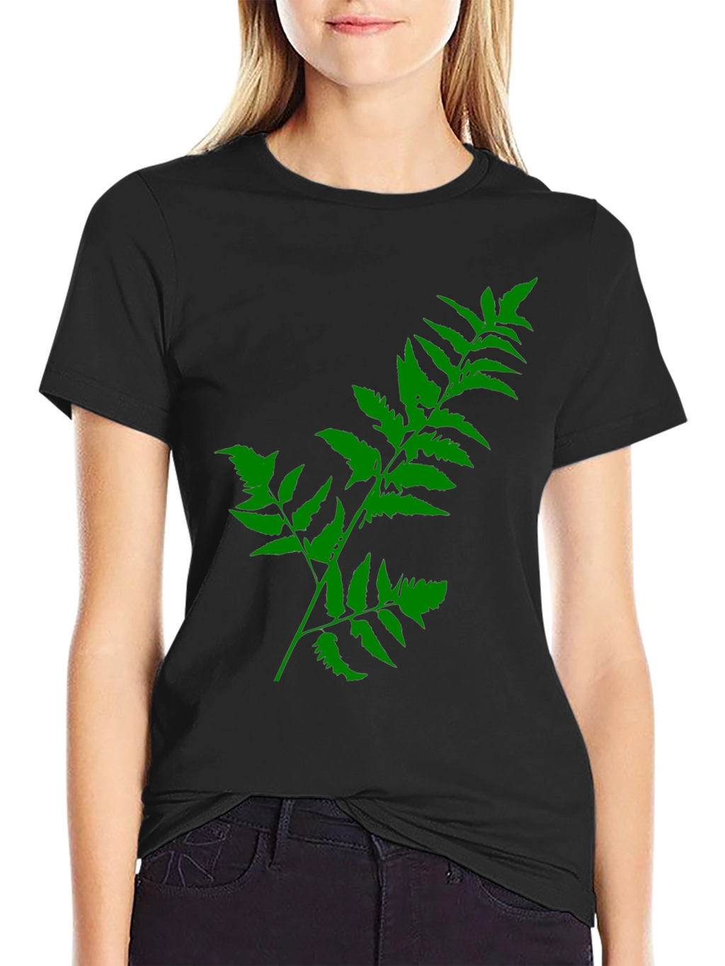 Green Fern Print Black T-Shirt