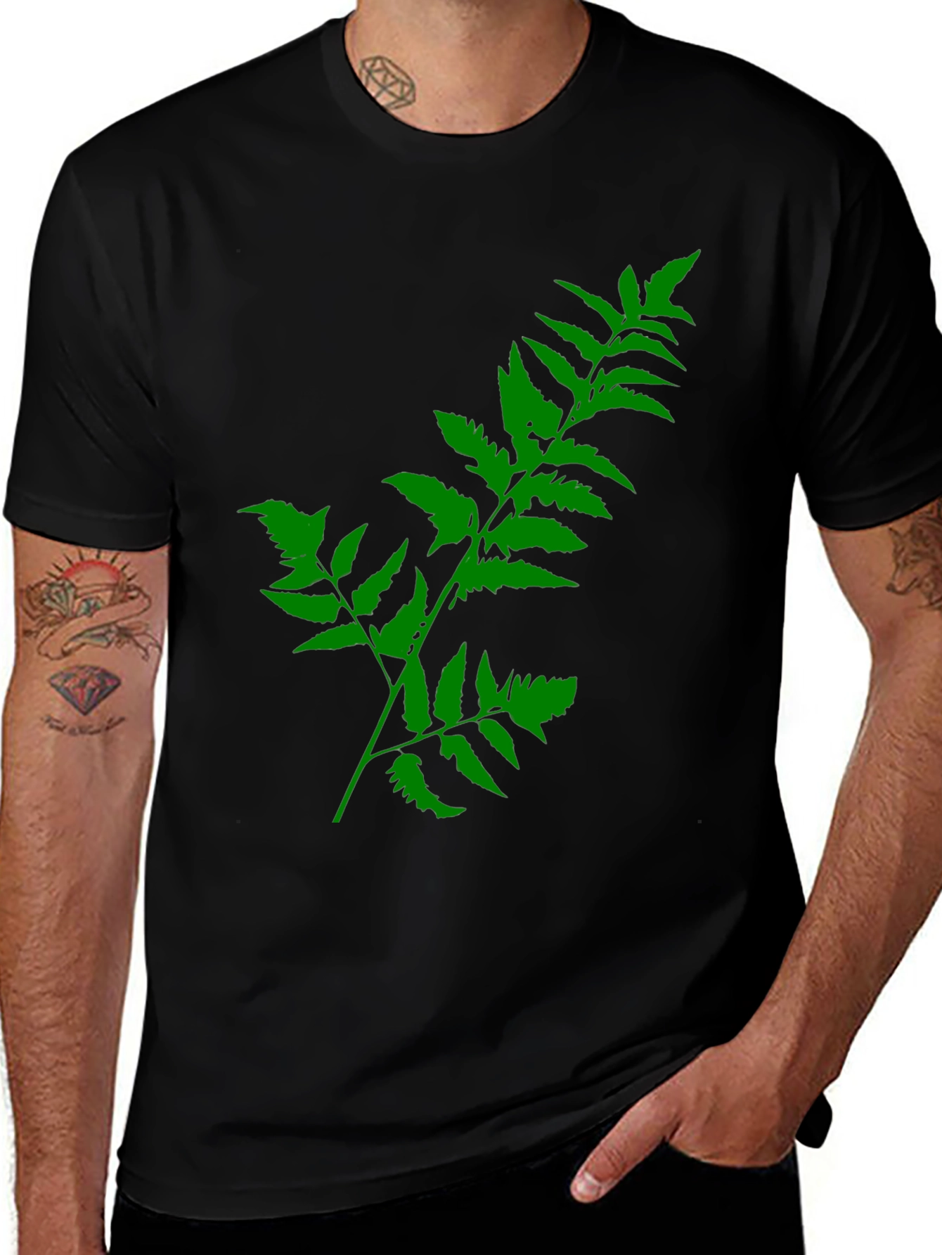 Green Fern Print Black T-Shirt
