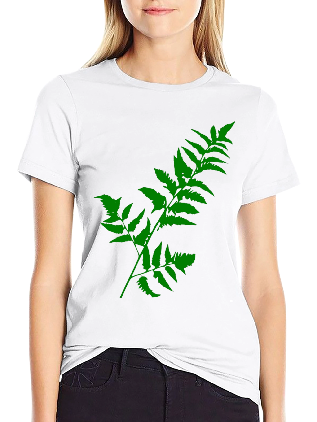 Green Fern Print Black T-Shirt
