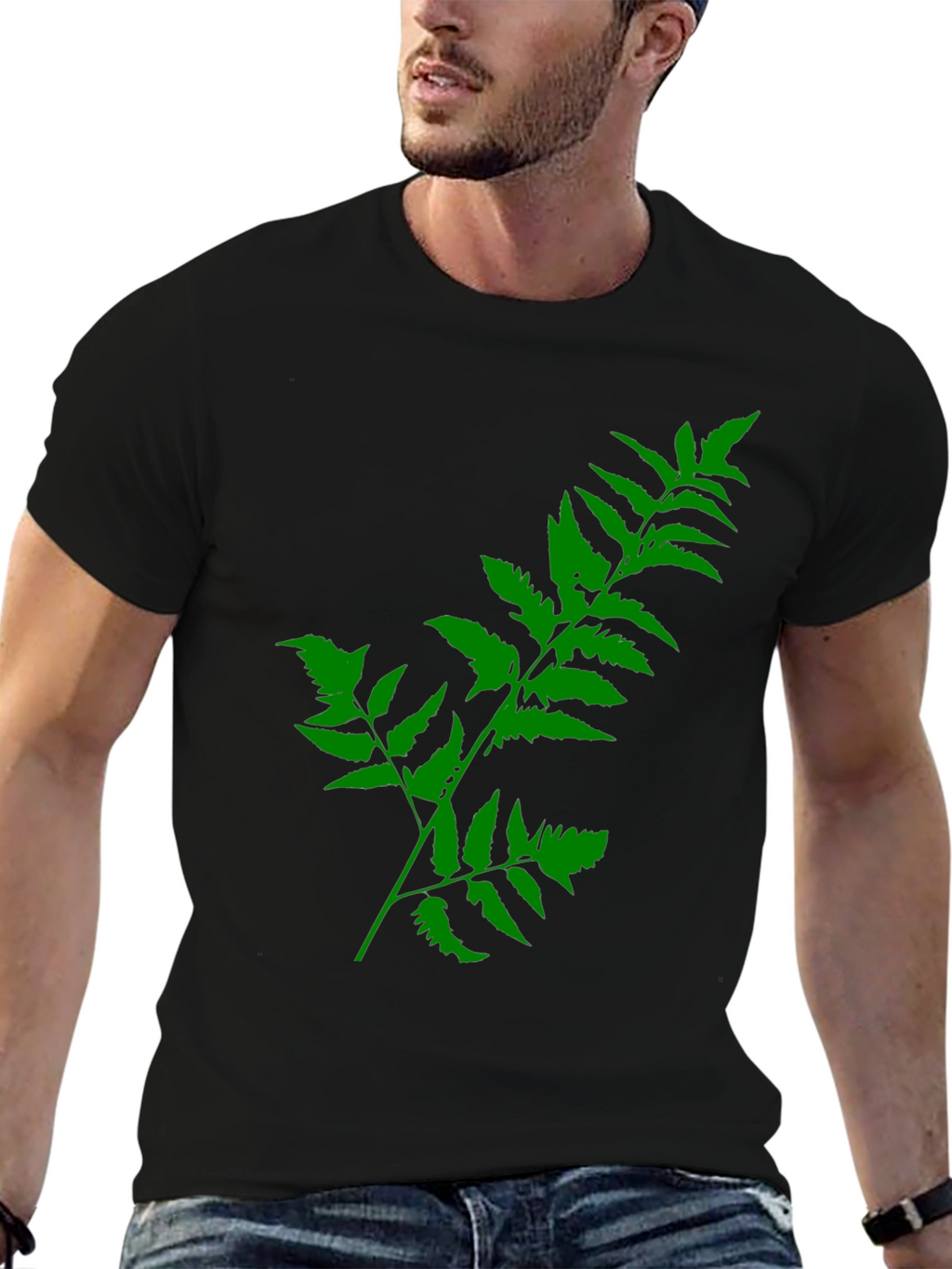 Green Fern Print Black T-Shirt