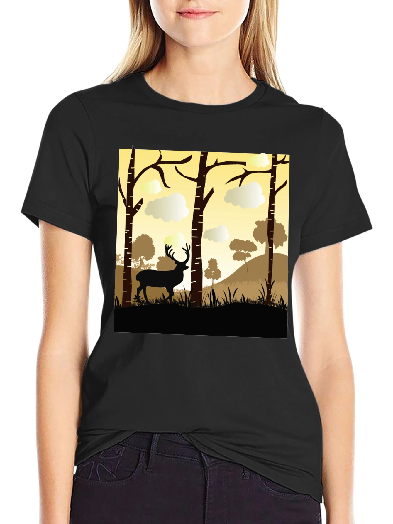 Black Deer Silhouette Forest Graphic Tee