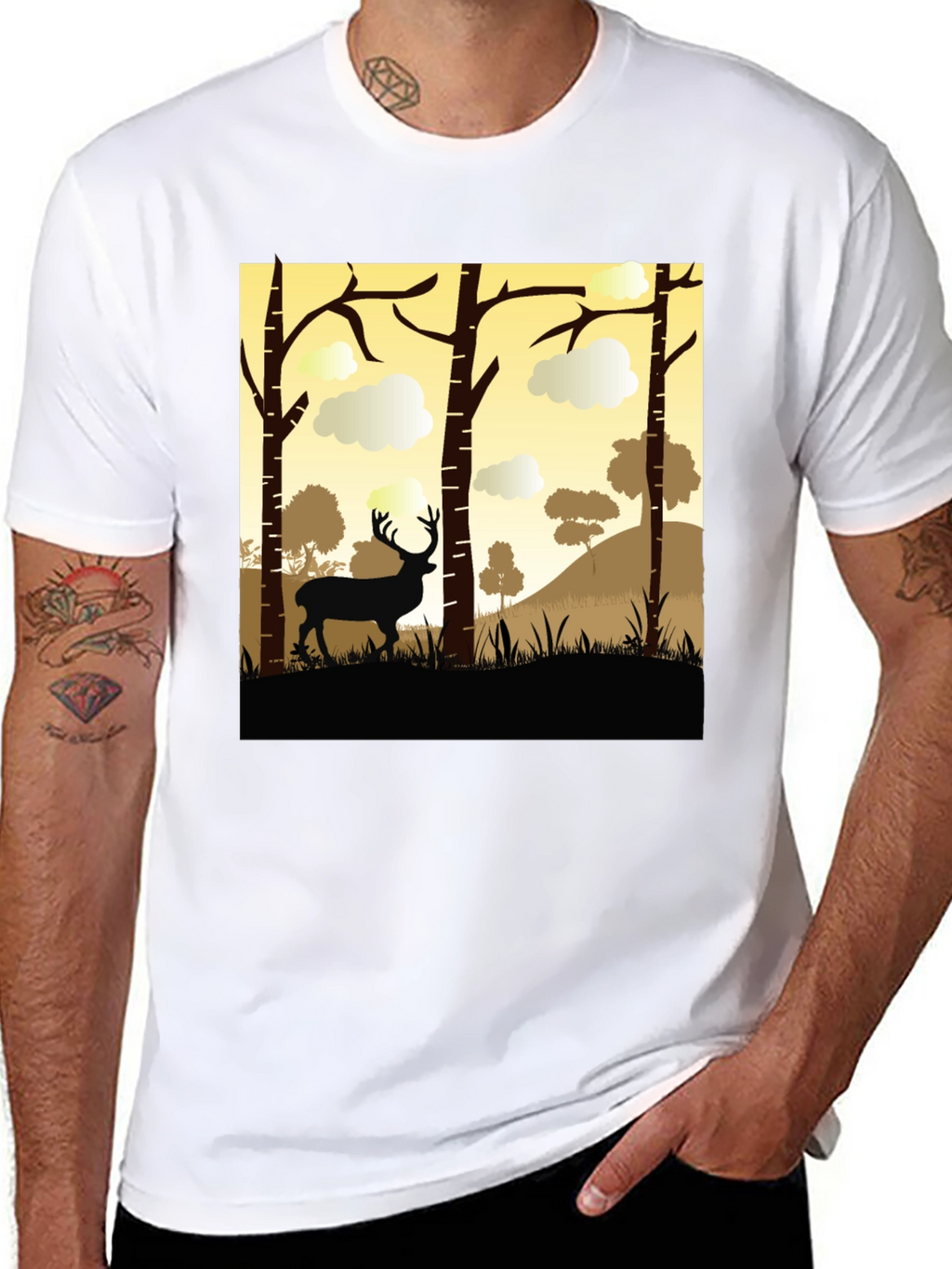 Black Deer Silhouette Forest Graphic Tee