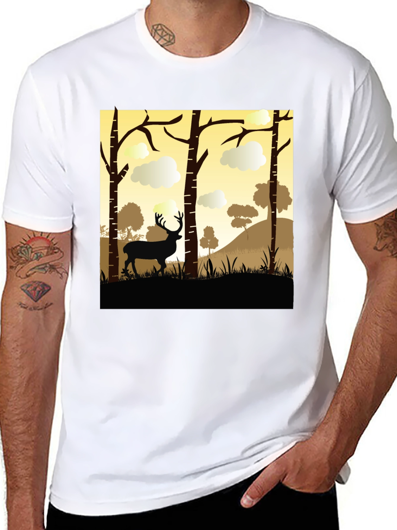 Black Deer Silhouette Forest Graphic Tee