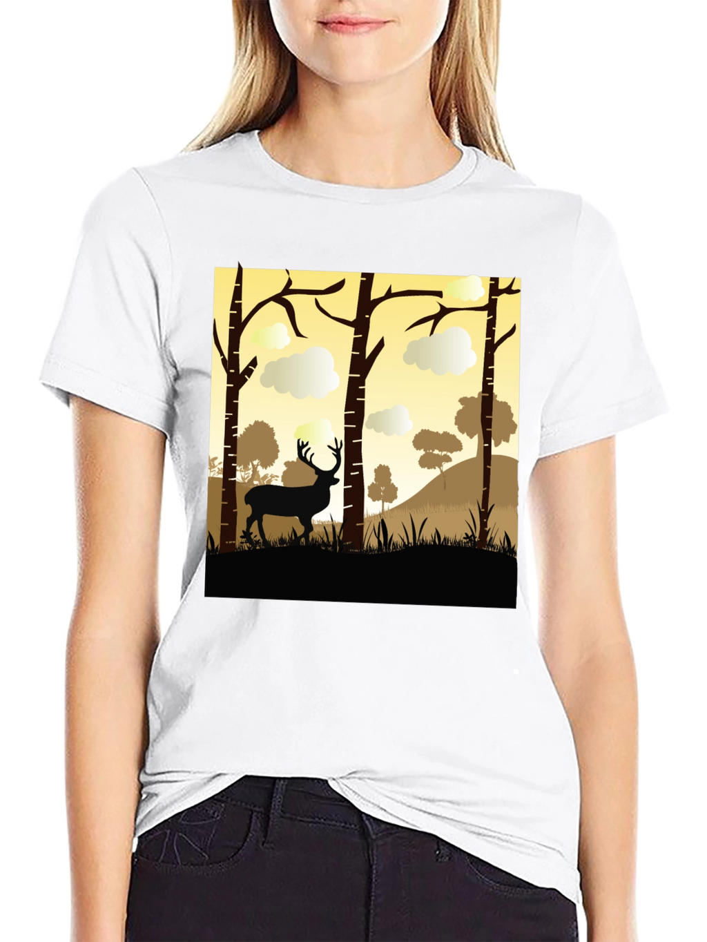 Black Deer Silhouette Forest Graphic Tee