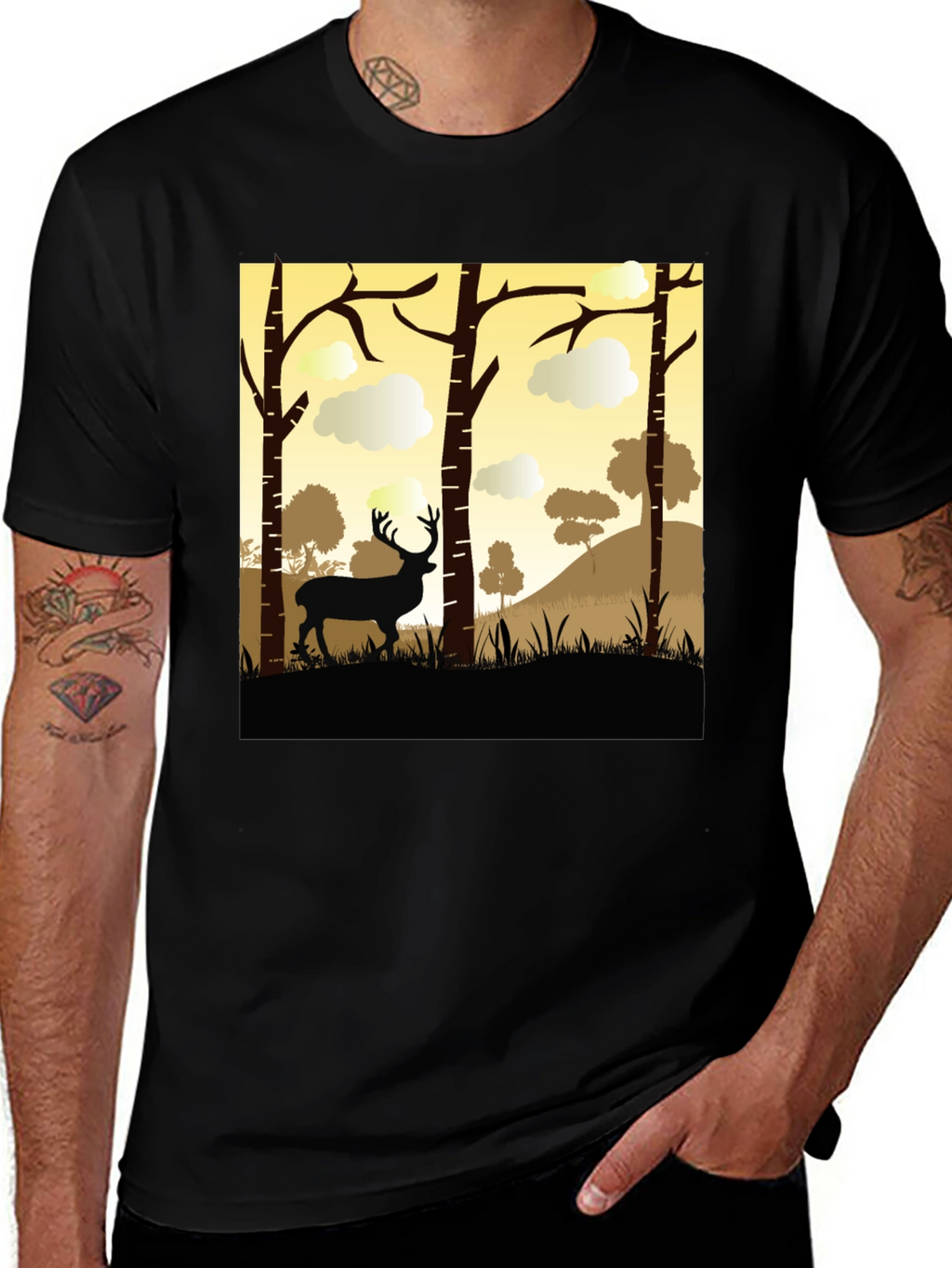 Black Deer Silhouette Forest Graphic Tee