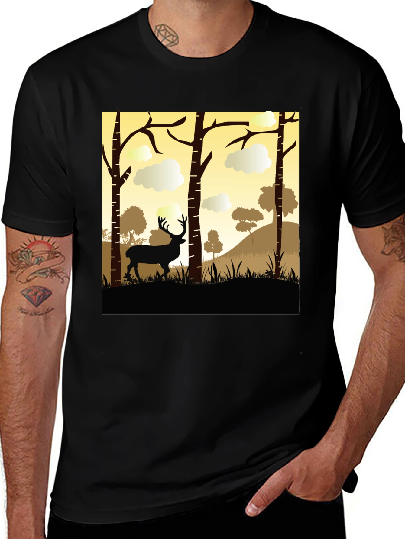 Black Deer Silhouette Forest Graphic Tee