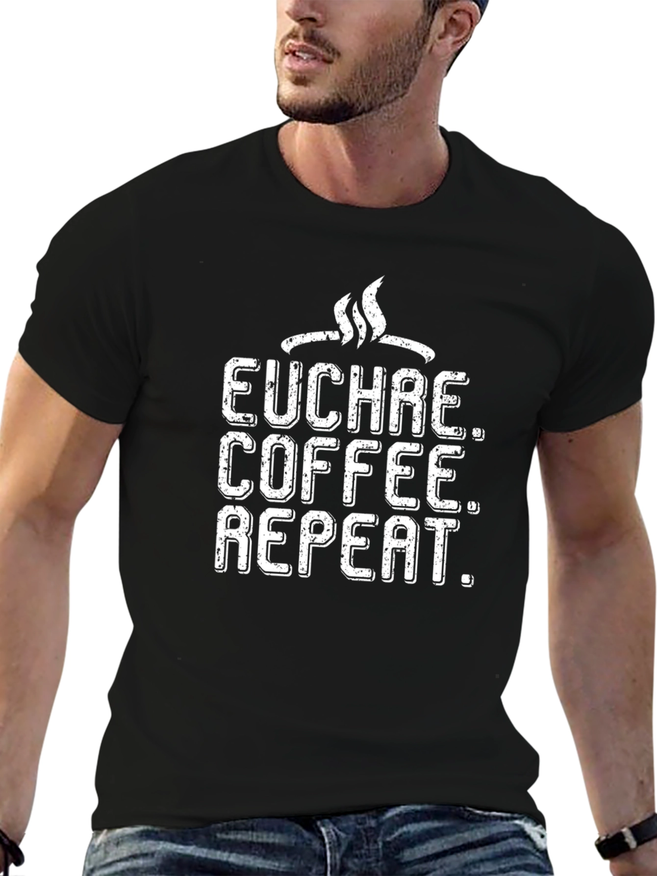 Euchre Coffee Repeat Graphic Tee - Black Cotton T-Shirt