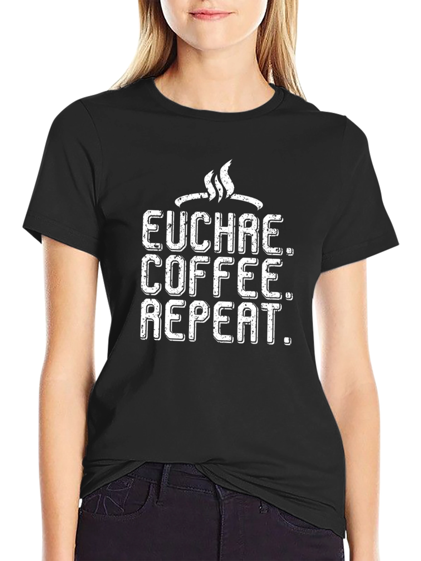Euchre Coffee Repeat Graphic Tee - Black Cotton T-Shirt