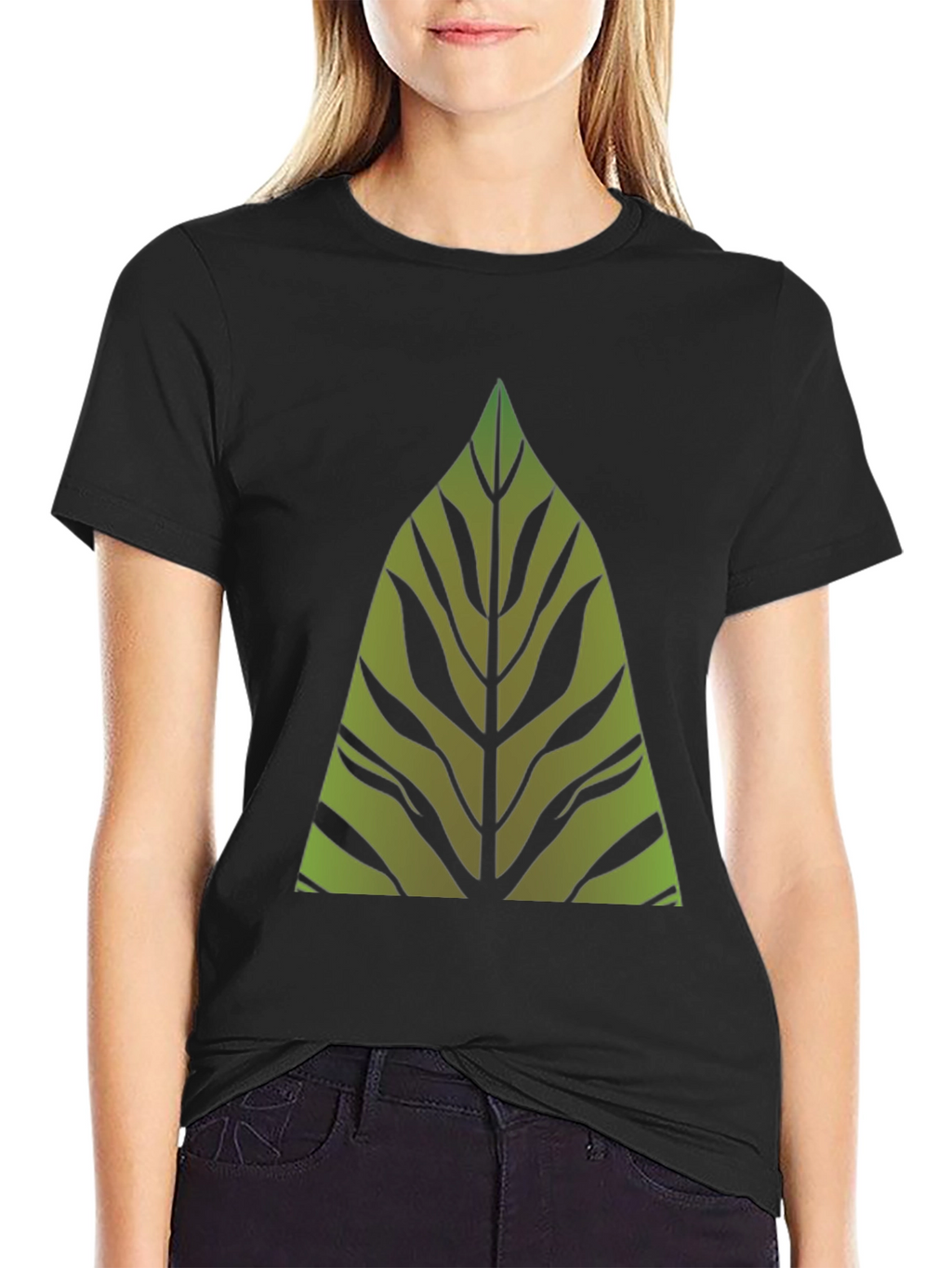 Green Leaf Graphic Print Black T-Shirt