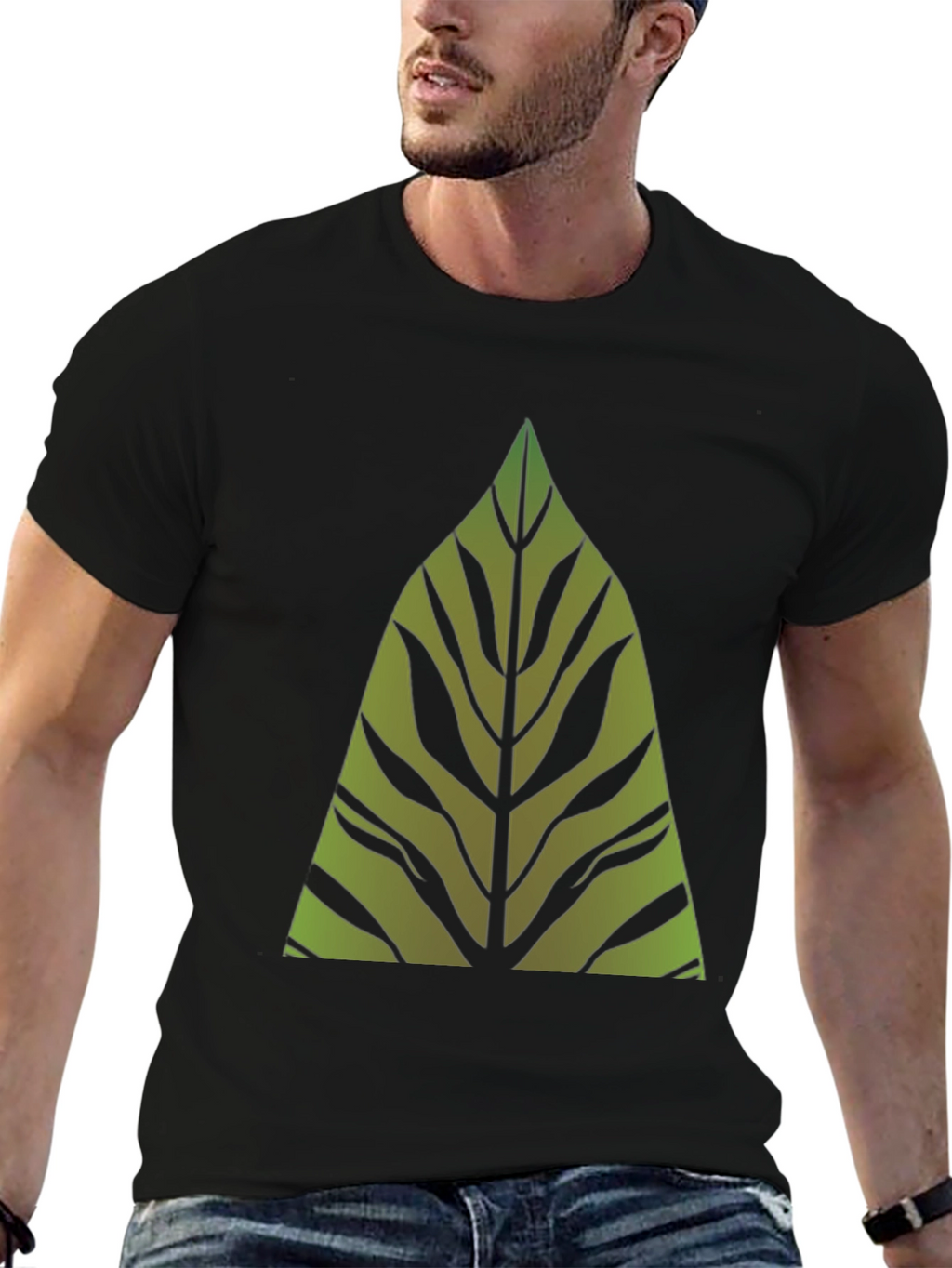Green Leaf Graphic Print Black T-Shirt