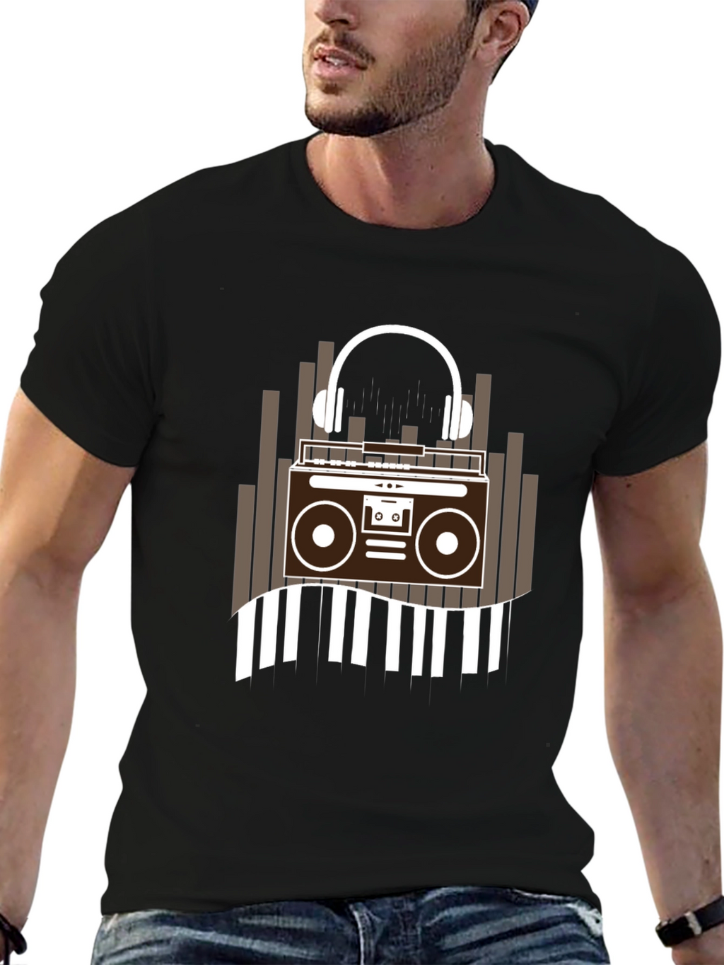 Retro Music Graphic Tee - Boombox and Headphones