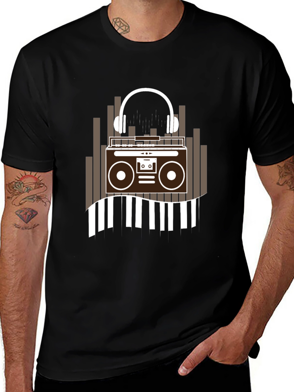 Retro Music Graphic Tee - Boombox and Headphones