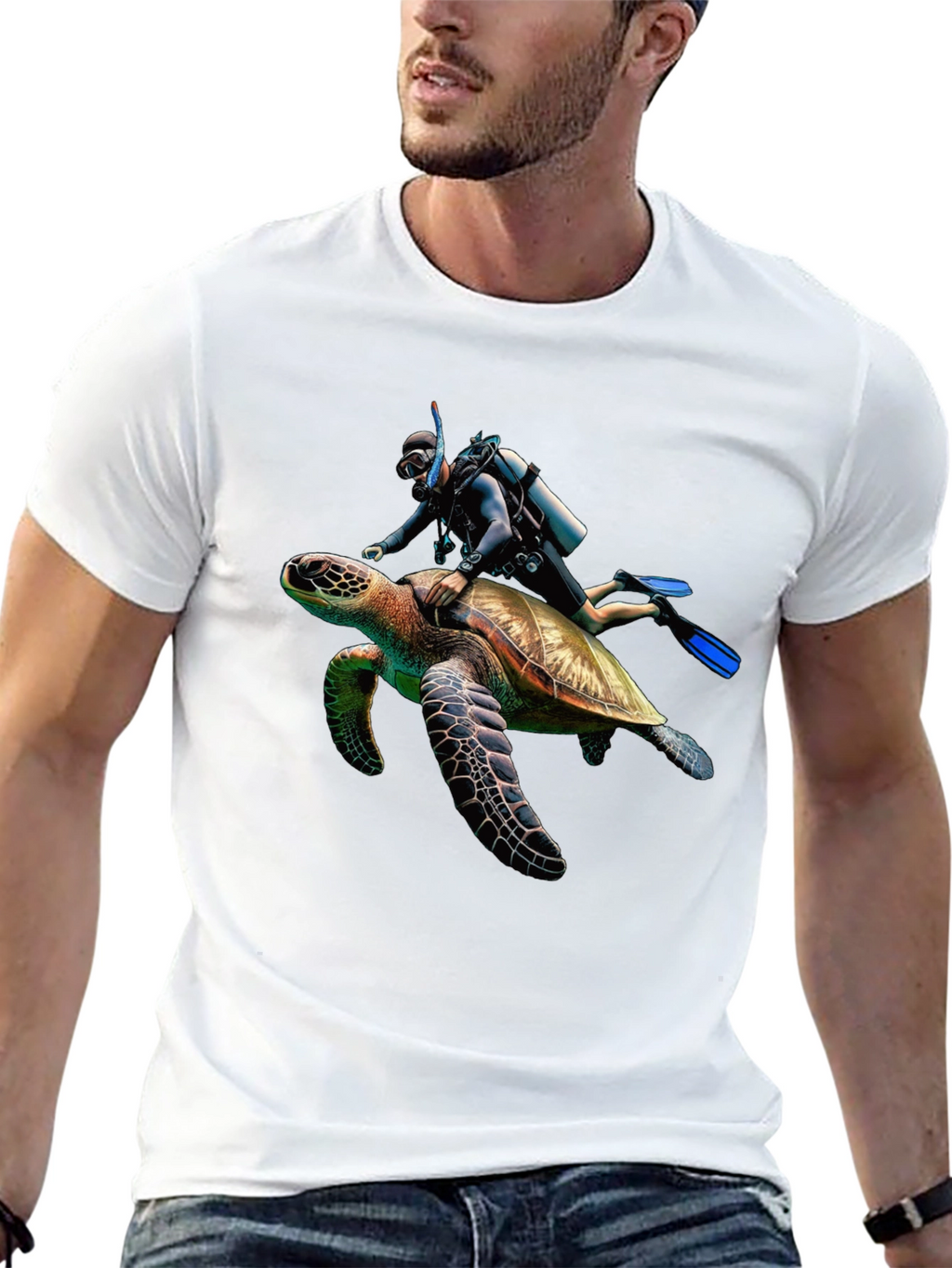 Scuba Diver Turtle Ride Black T-Shirt