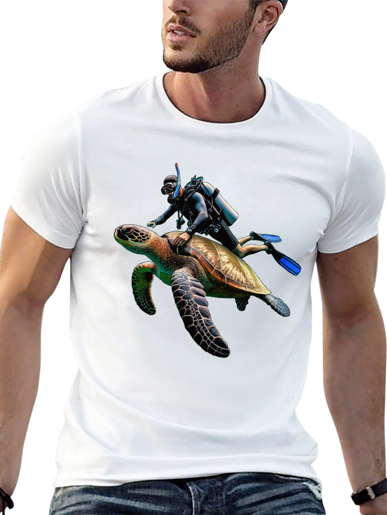Scuba Diver Turtle Ride Black T-Shirt