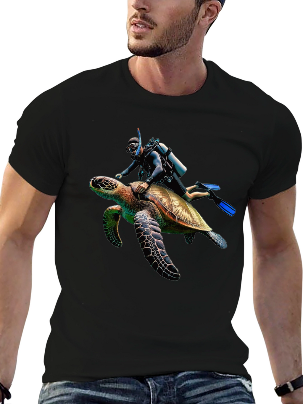 Scuba Diver Turtle Ride Black T-Shirt