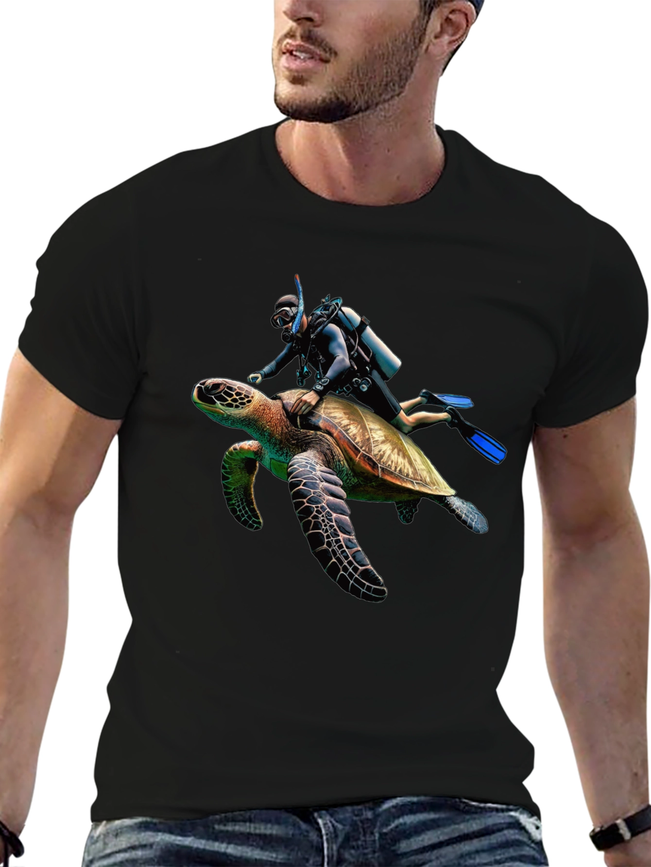 Scuba Diver Turtle Ride Black T-Shirt
