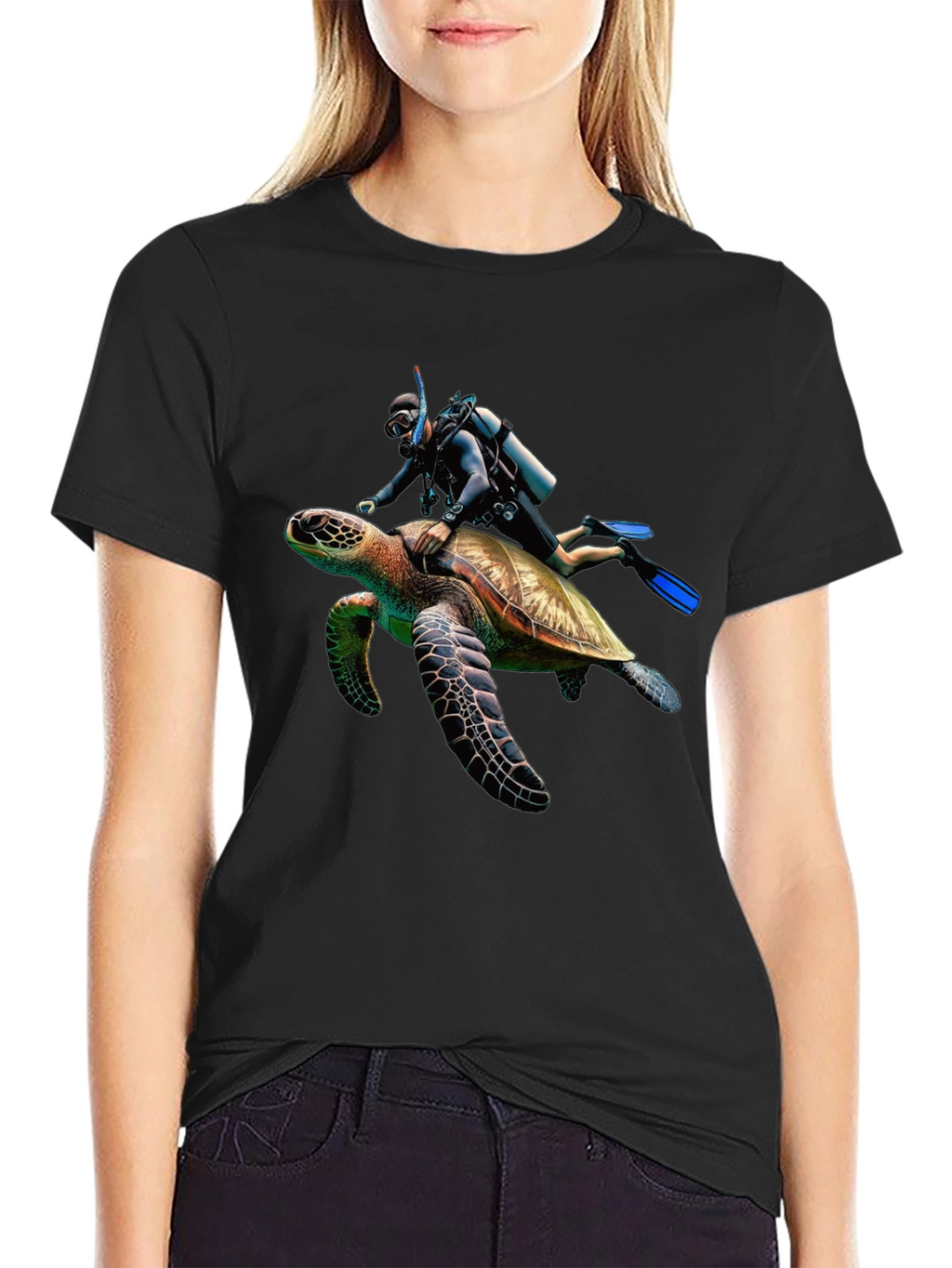 Scuba Diver Turtle Ride Black T-Shirt