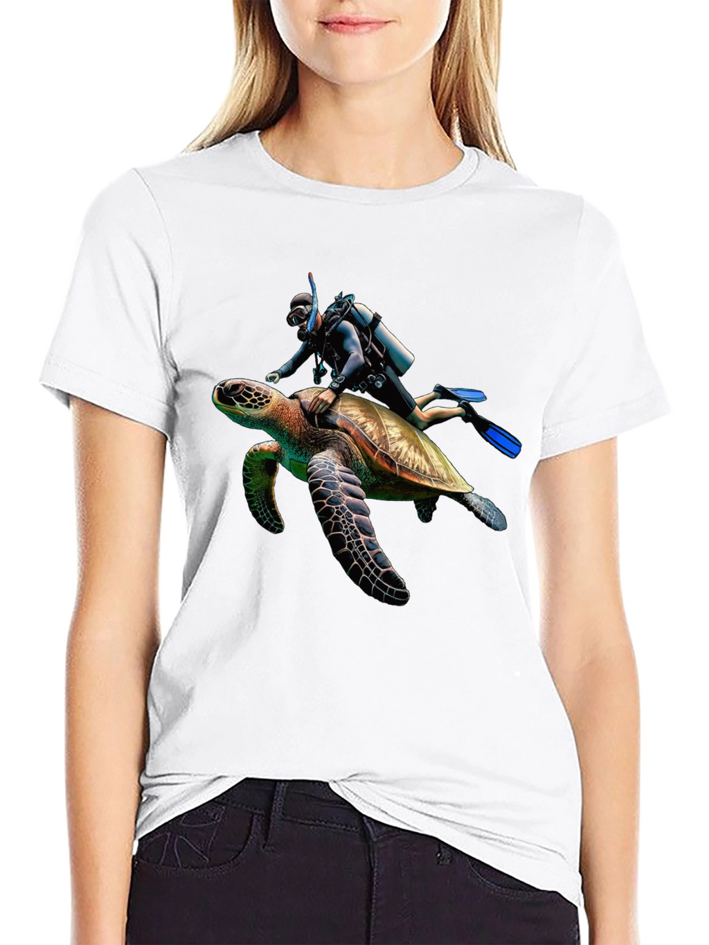 Scuba Diver Turtle Ride Black T-Shirt