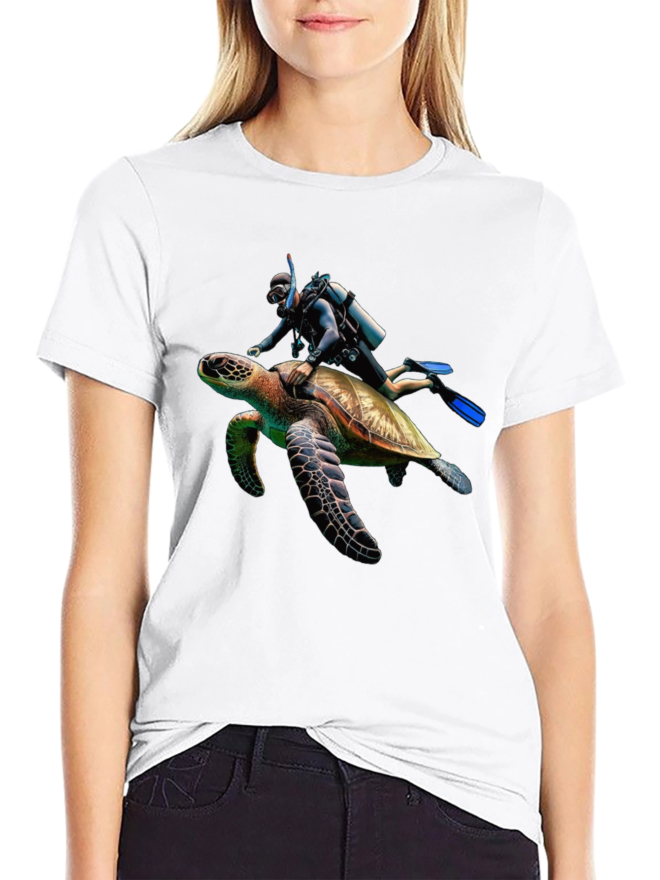 Scuba Diver Turtle Ride Black T-Shirt