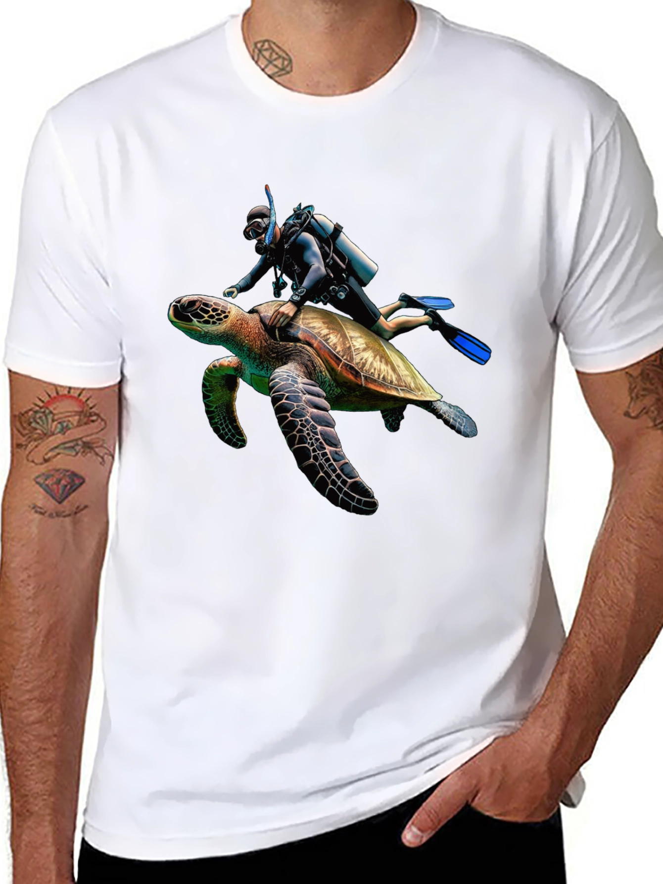 Scuba Diver Turtle Ride Black T-Shirt