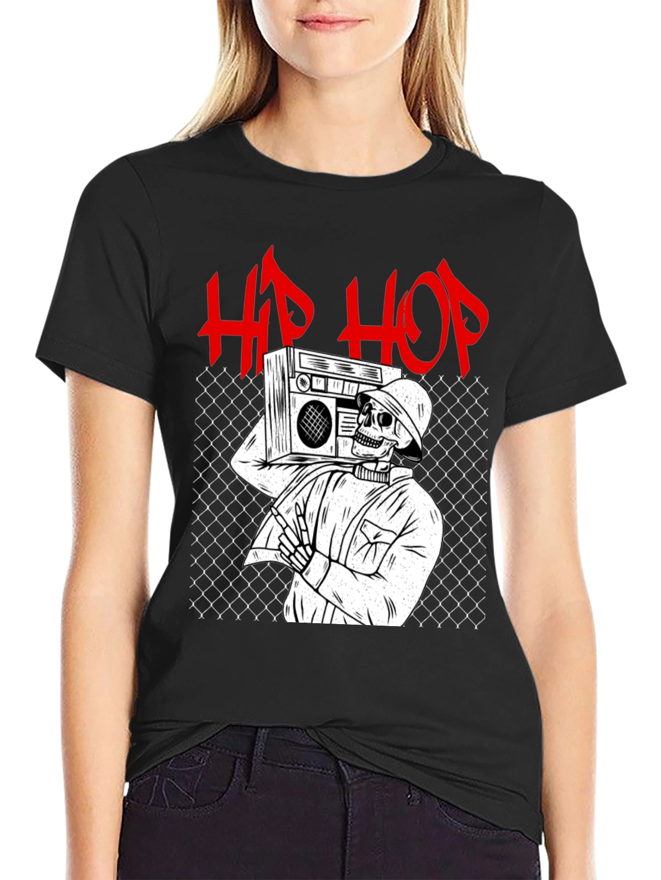 Hip Hop Skeleton Graphic Tee - Black Cotton T-Shirt