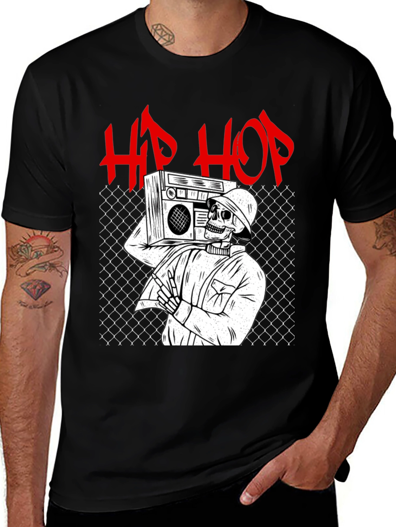 Hip Hop Skeleton Graphic Tee - Black Cotton T-Shirt