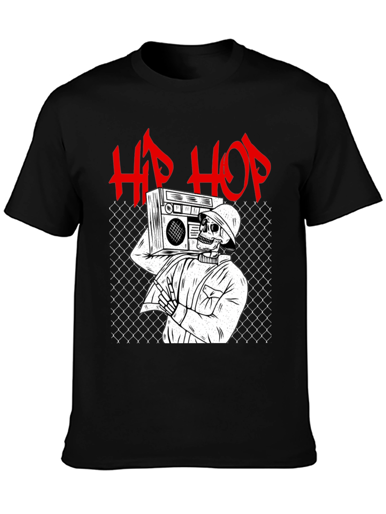 Hip Hop Skeleton Graphic Tee - Black Cotton T-Shirt