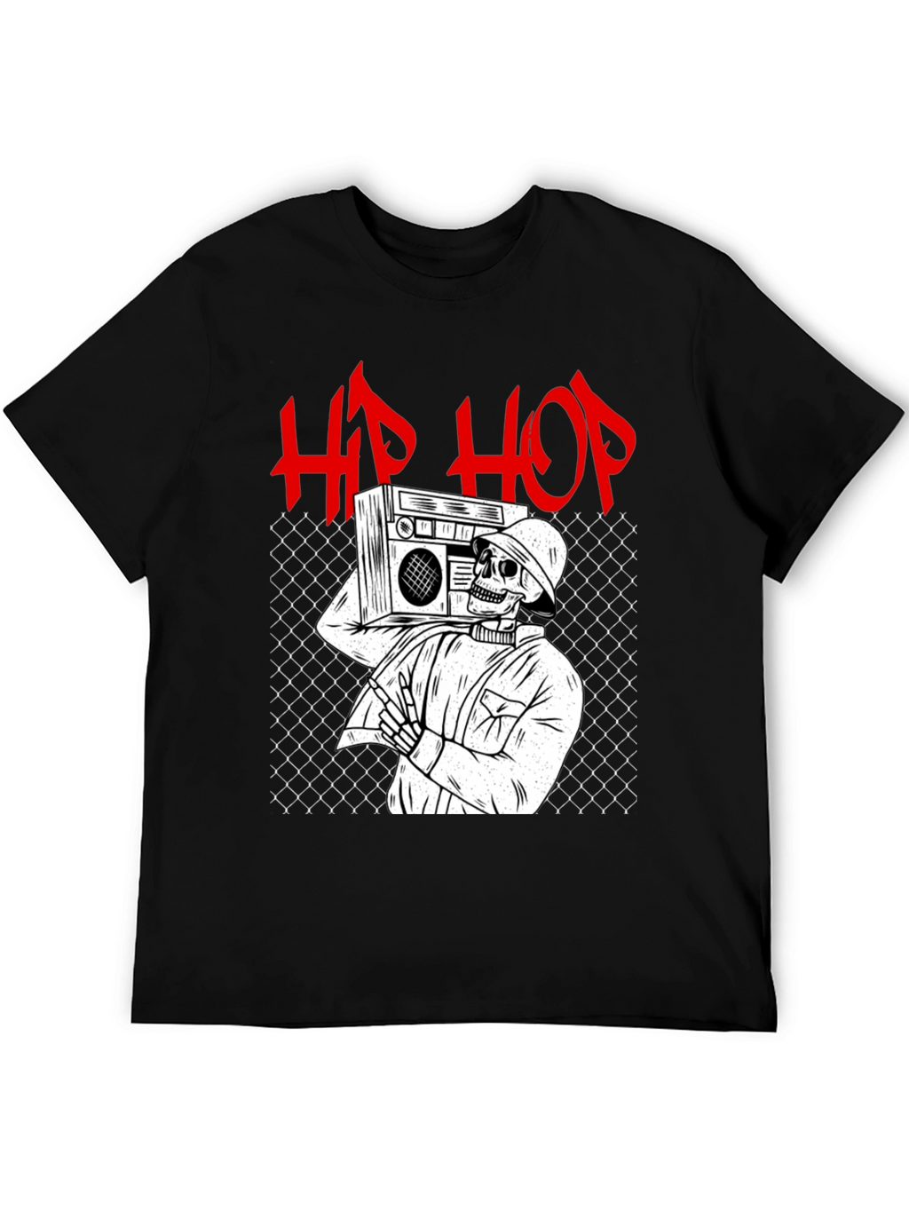 Hip Hop Skeleton Graphic Tee - Black Cotton T-Shirt