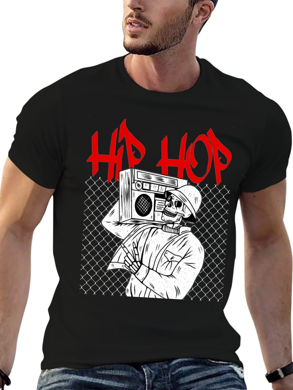 Hip Hop Skeleton Graphic Tee - Black Cotton T-Shirt