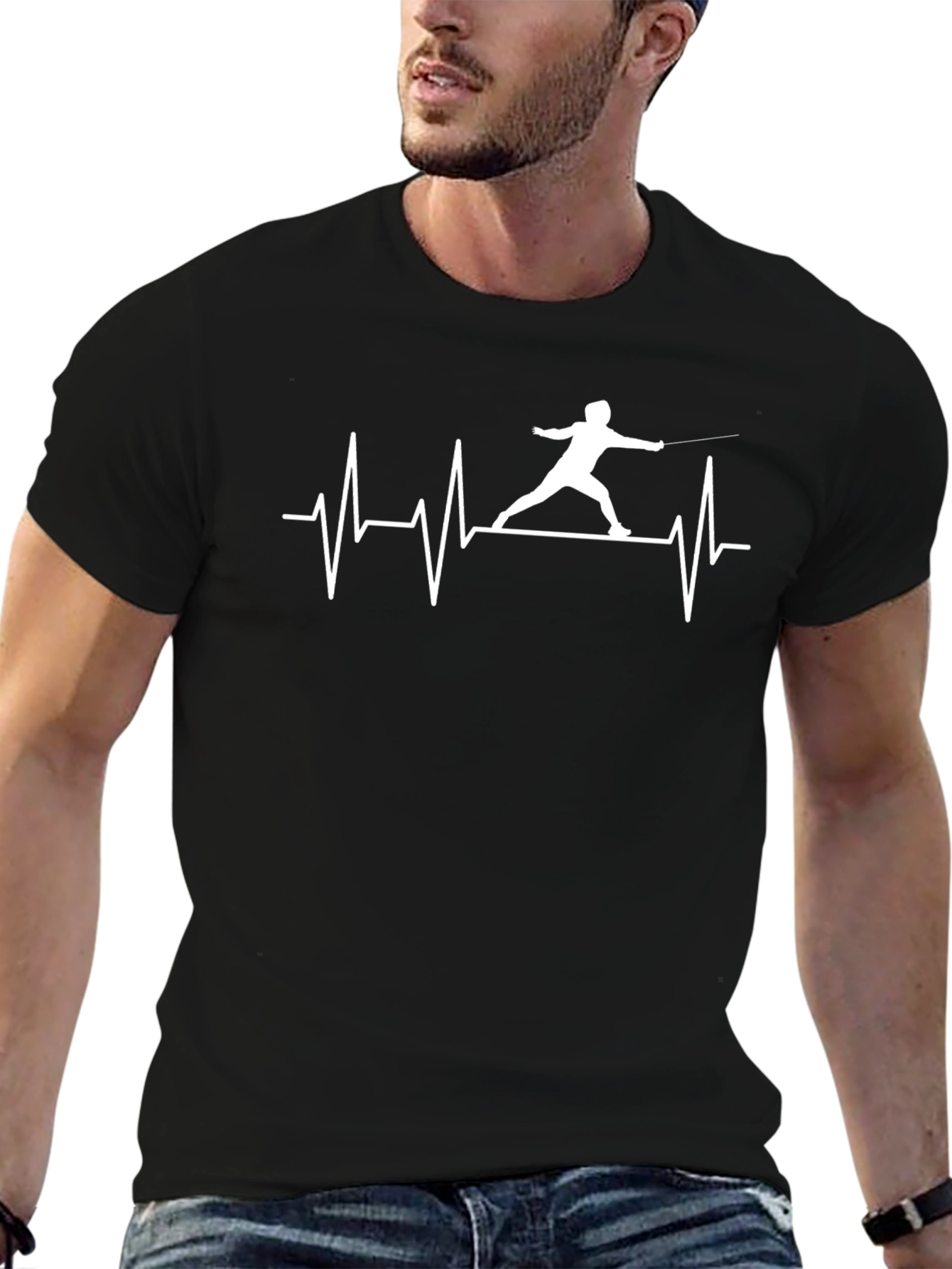 Fencing Heartbeat Black T-Shirt - Sporty Graphic Tee