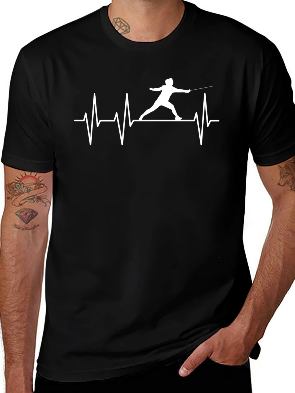 Fencing Heartbeat Black T-Shirt - Sporty Graphic Tee