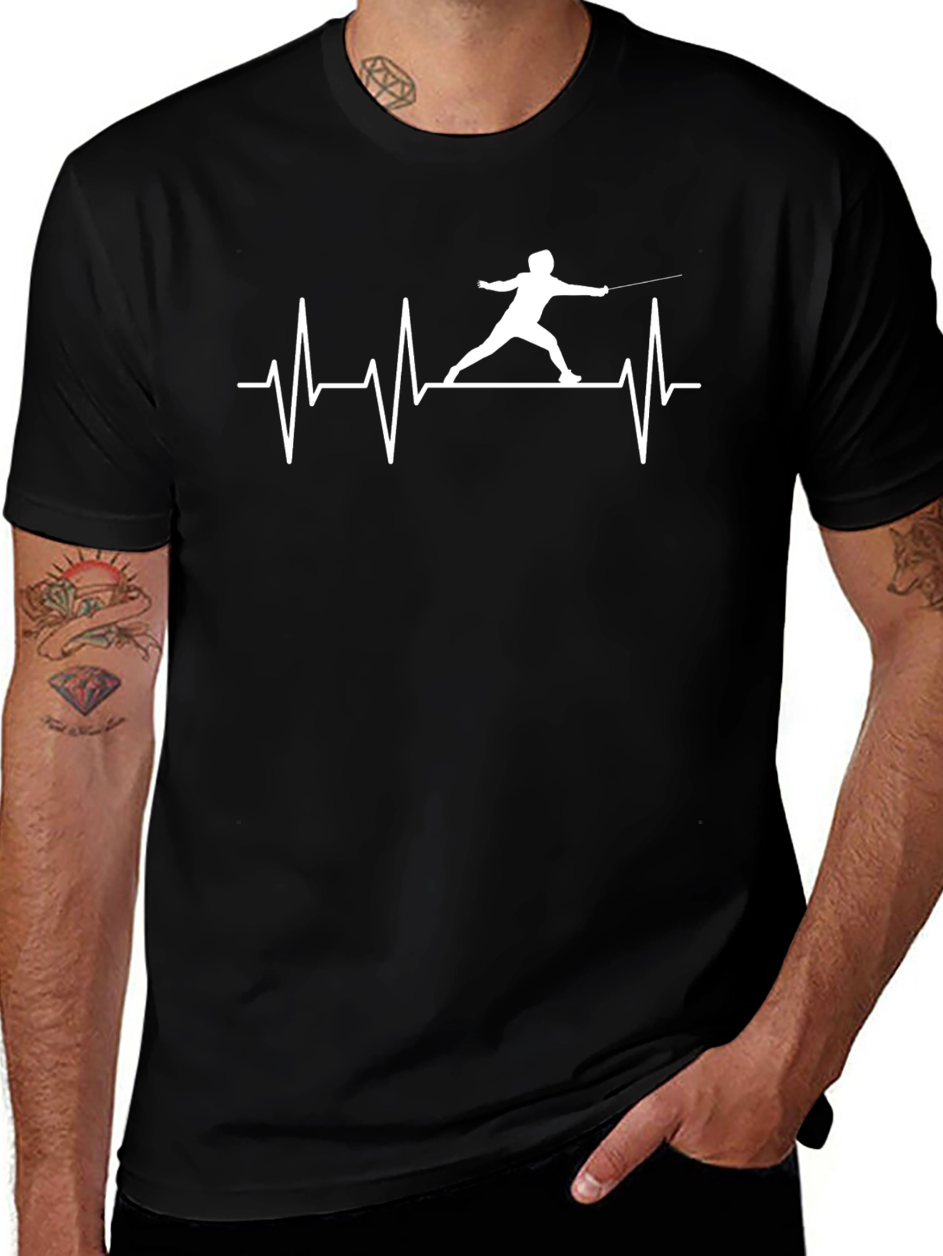 Fencing Heartbeat Black T-Shirt - Sporty Graphic Tee