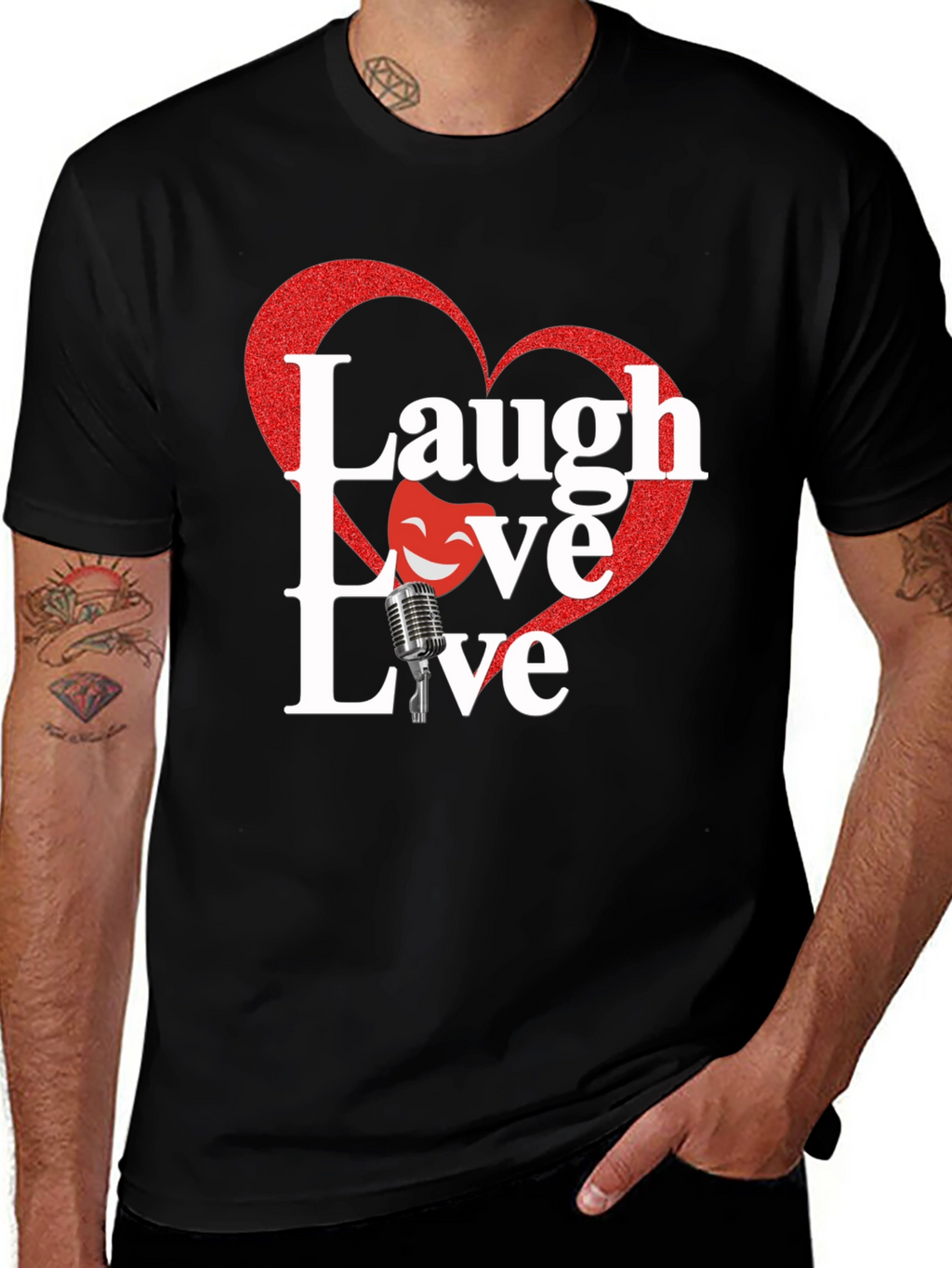 Laugh Love Live Black T-Shirt with Heart Design