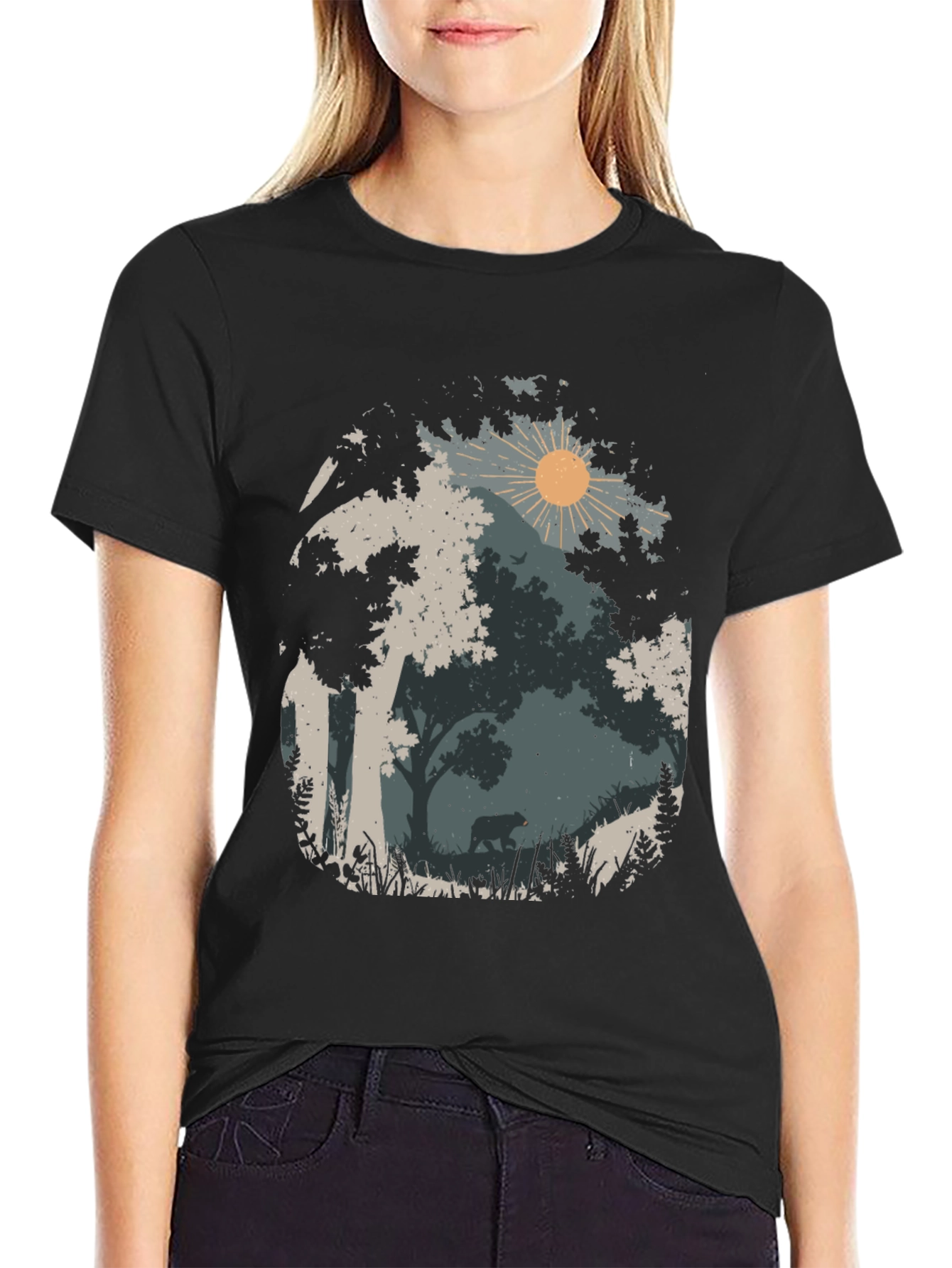 Nature Bear Graphic Tee - Black Cotton Blend