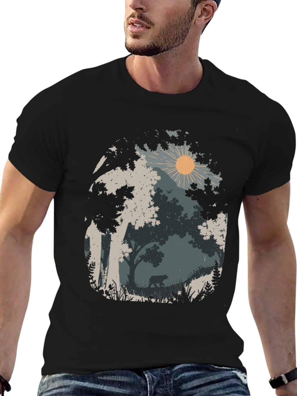 Nature Bear Graphic Tee - Black Cotton Blend