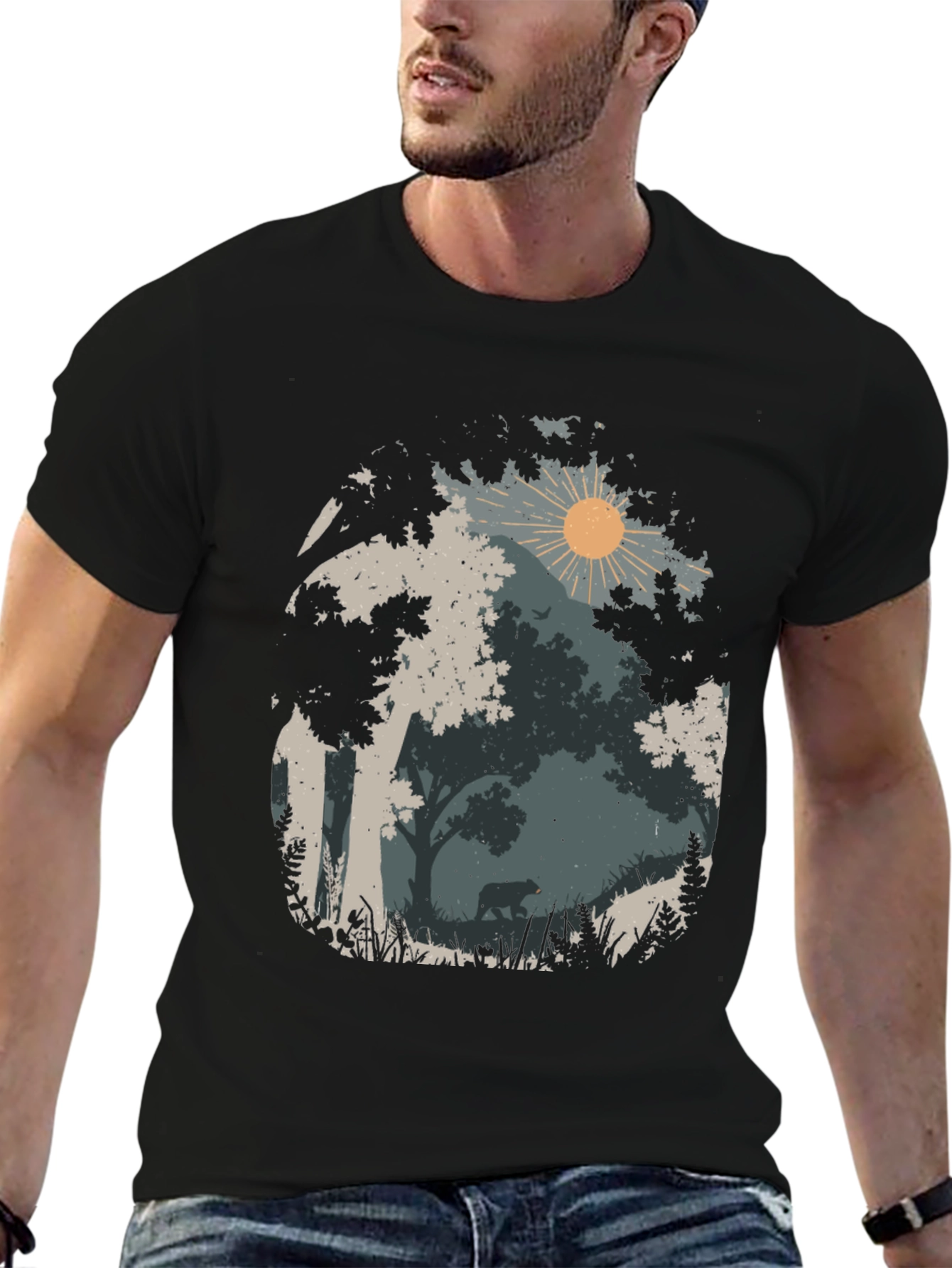 Nature Bear Graphic Tee - Black Cotton Blend