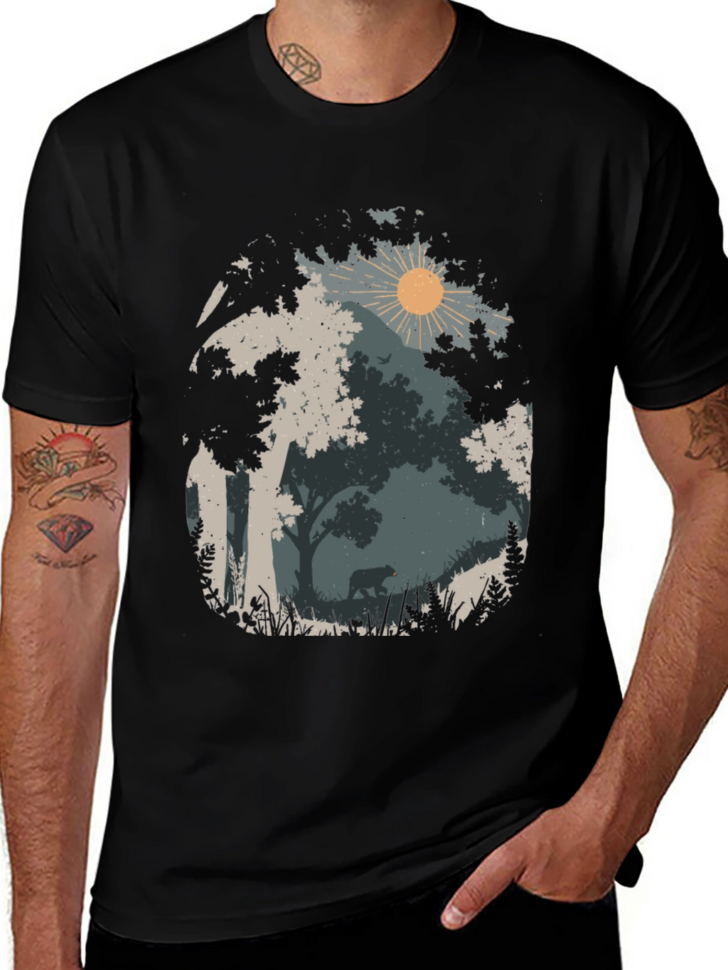 Nature Bear Graphic Tee - Black Cotton Blend