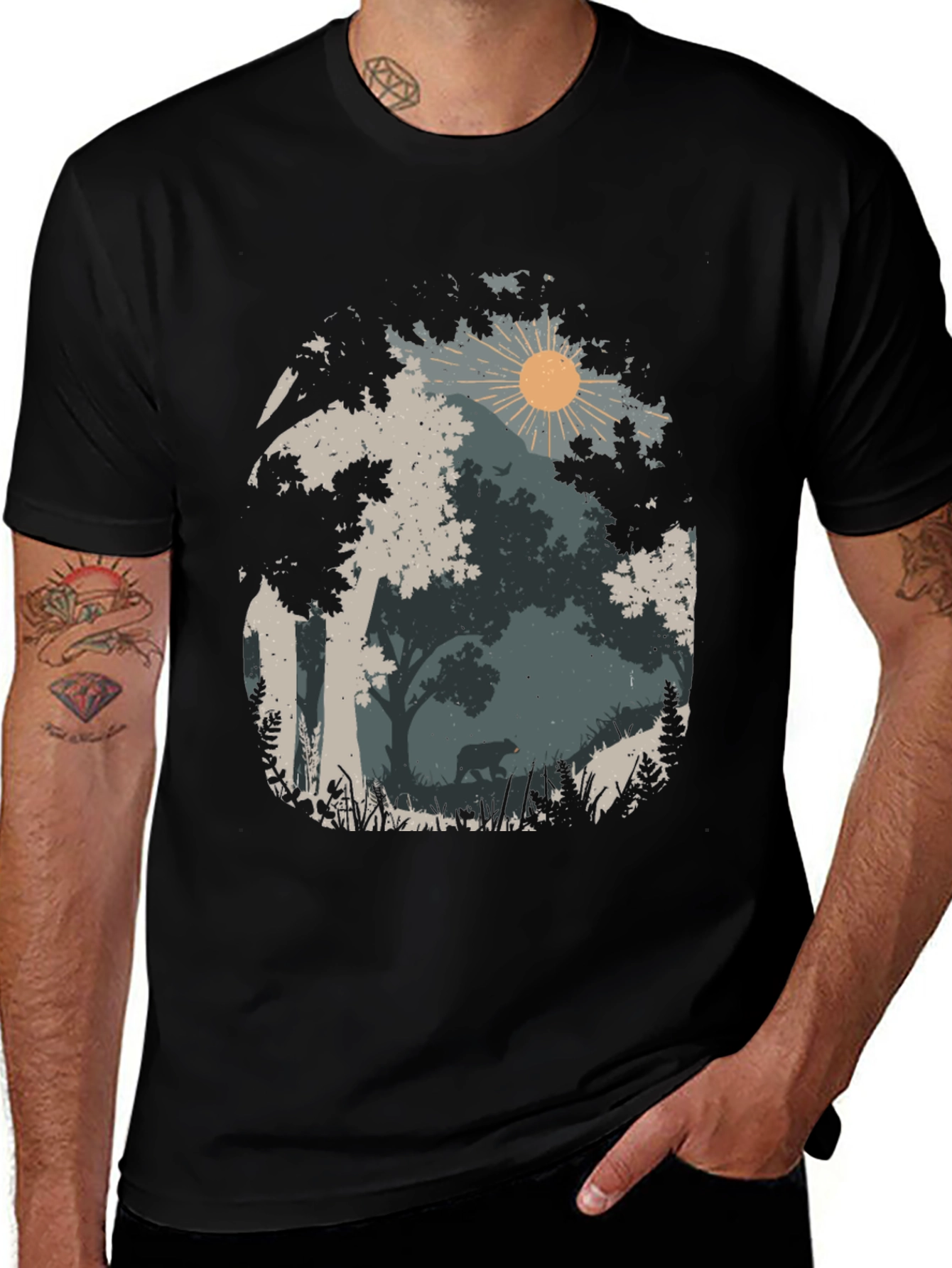 Nature Bear Graphic Tee - Black Cotton Blend