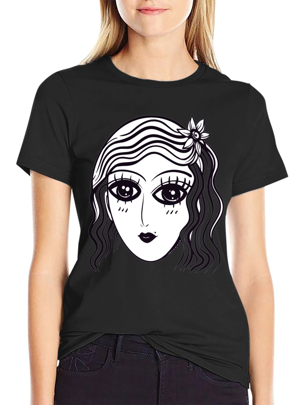 Retro Cartoon Face Graphic Tee - Black