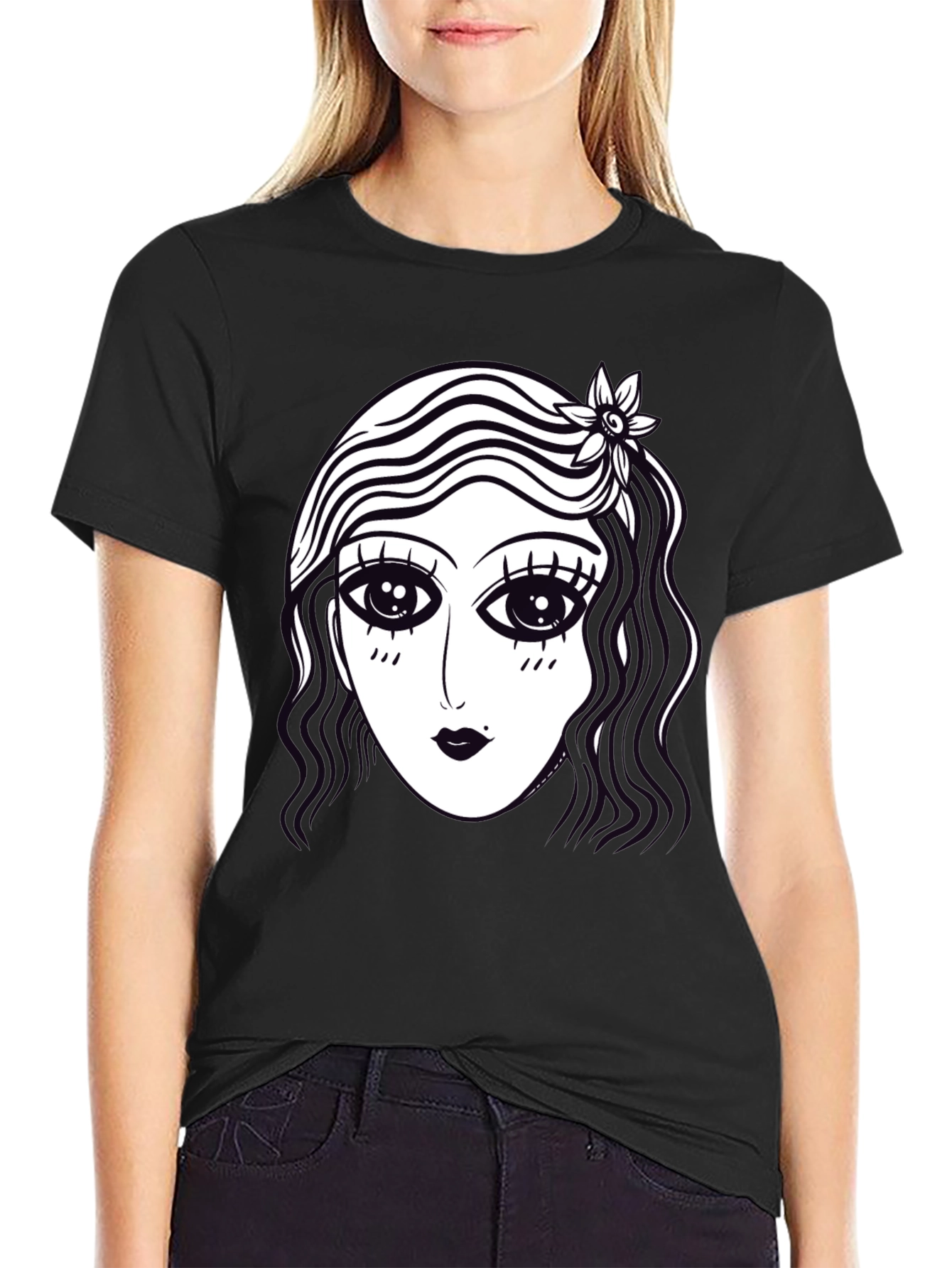 Retro Cartoon Face Graphic Tee - Black