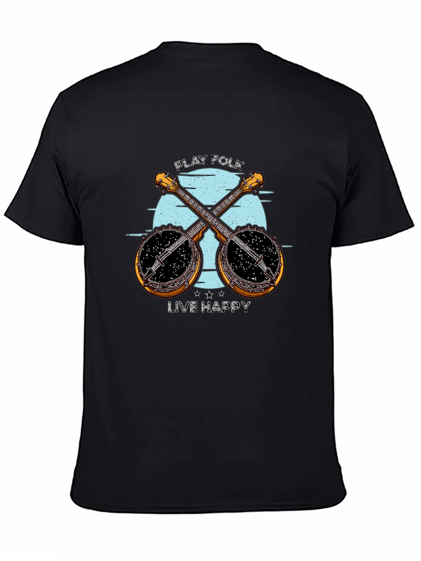 Play Folk Live Happy Banjo Graphic Tee - Black Cotton T-Shirt