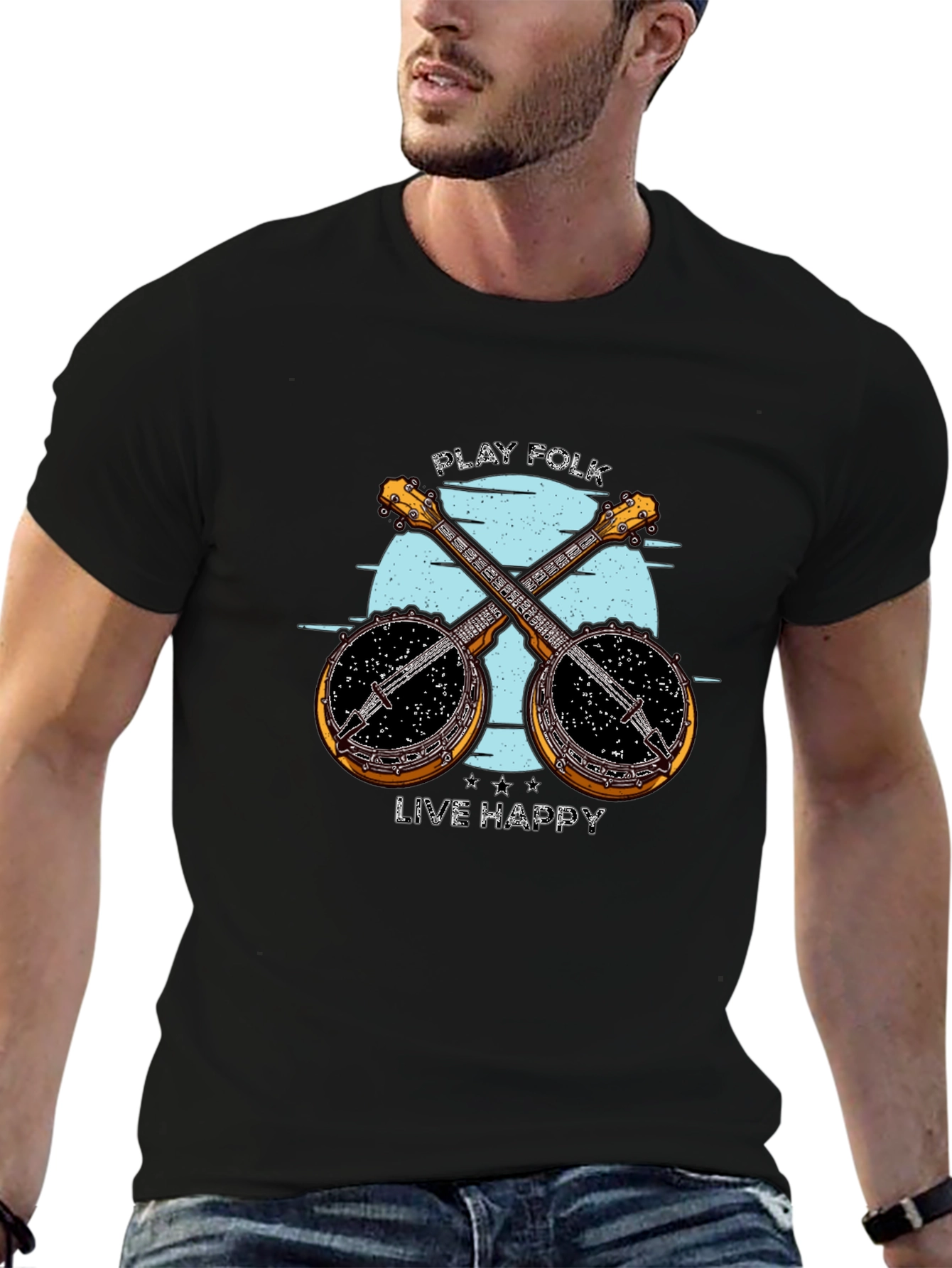 Play Folk Live Happy Banjo Graphic Tee - Black Cotton T-Shirt