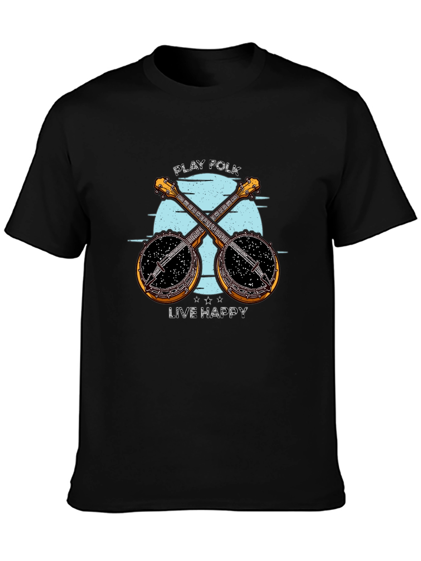 Play Folk Live Happy Banjo Graphic Tee - Black Cotton T-Shirt